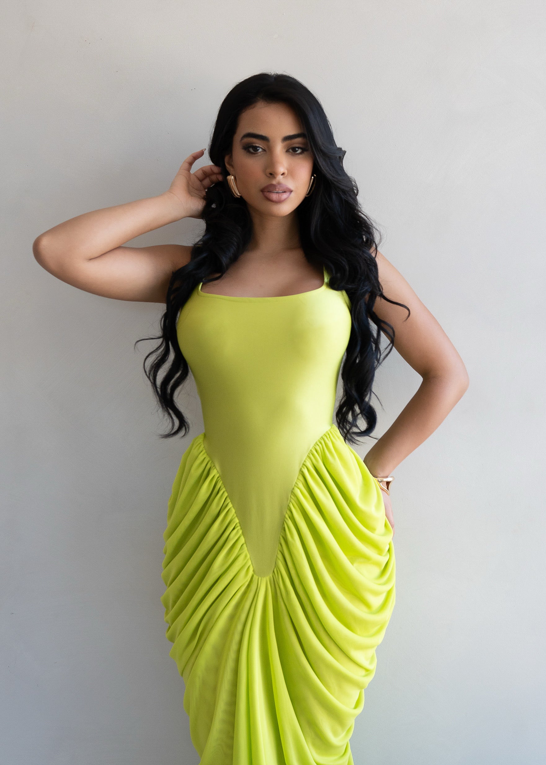 Code of Obsession Ruched Mesh Maxi Dress Green