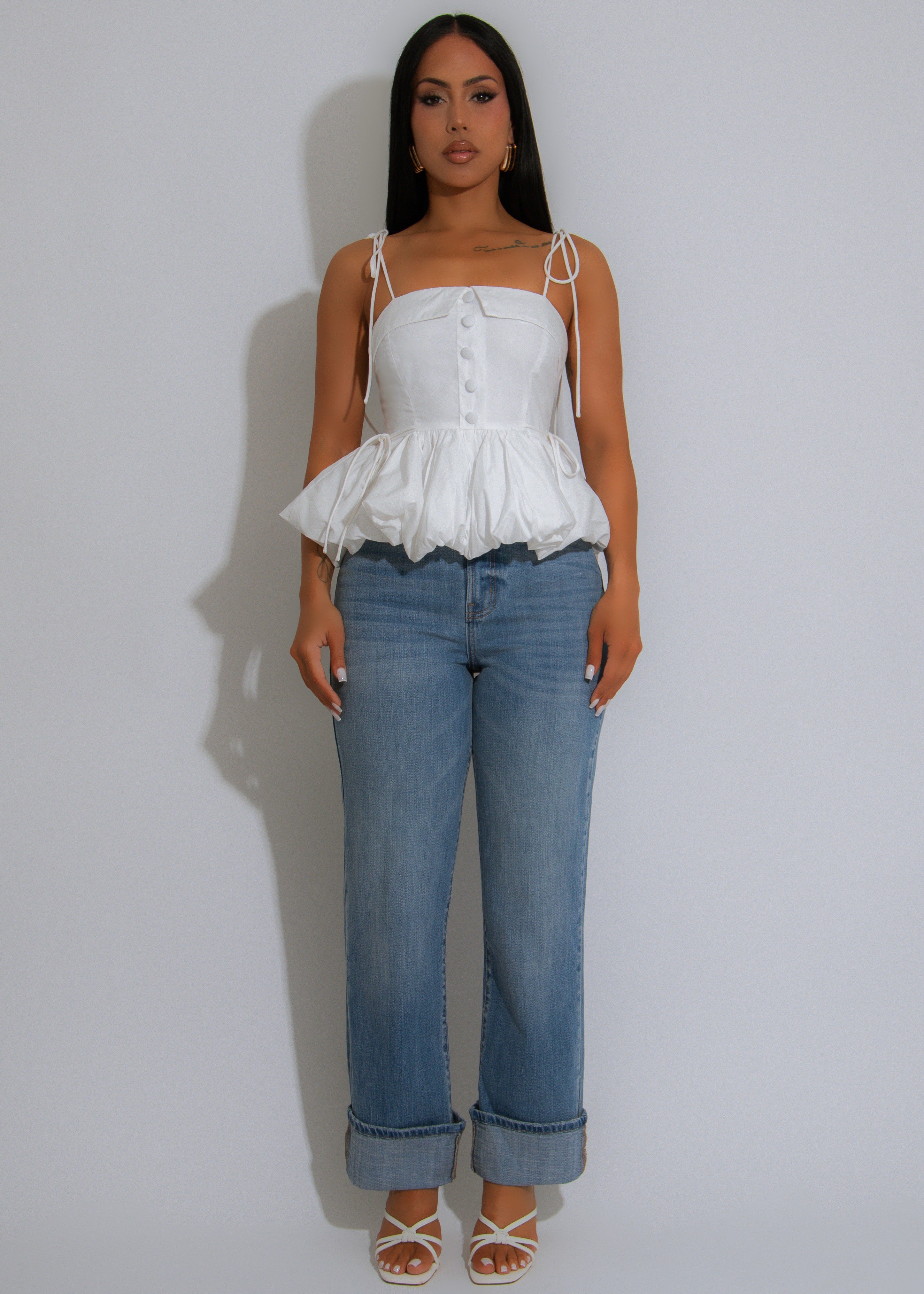 Ruffle Bloom Ruched Long Top White