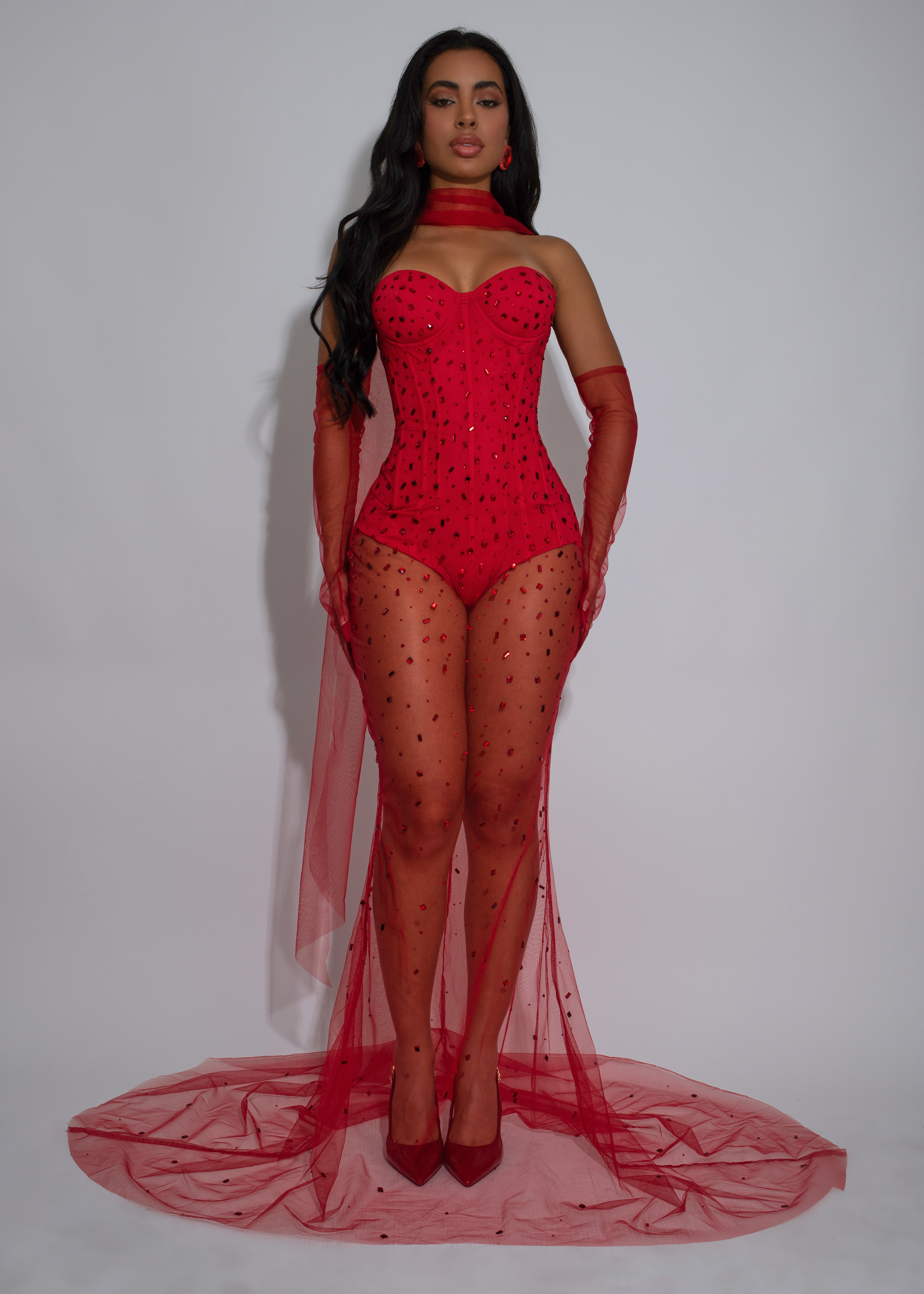 Crystal Veil Rhinestones Maxi Dress Red