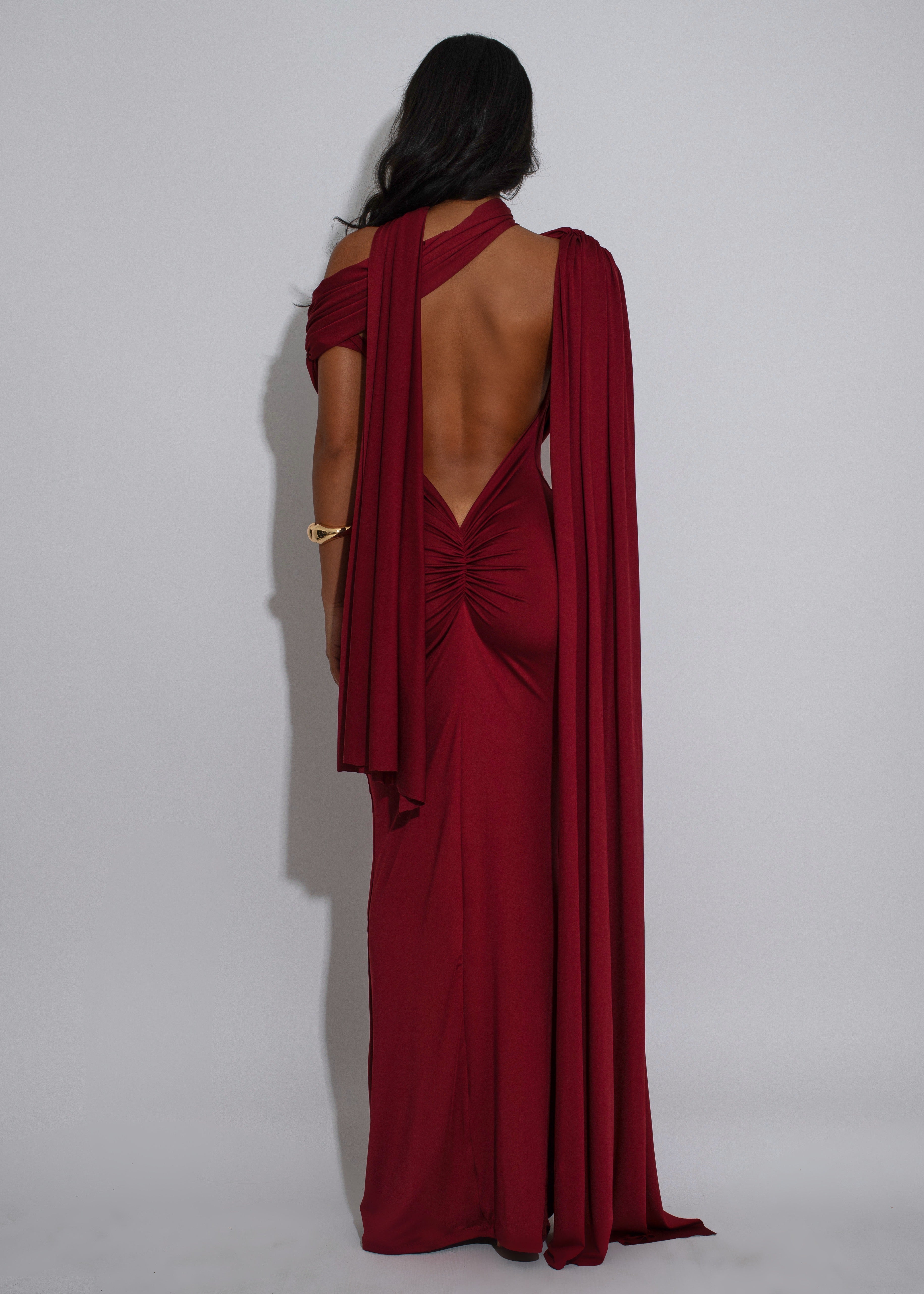 Celestial Reign Ruched Maxi Dress Red