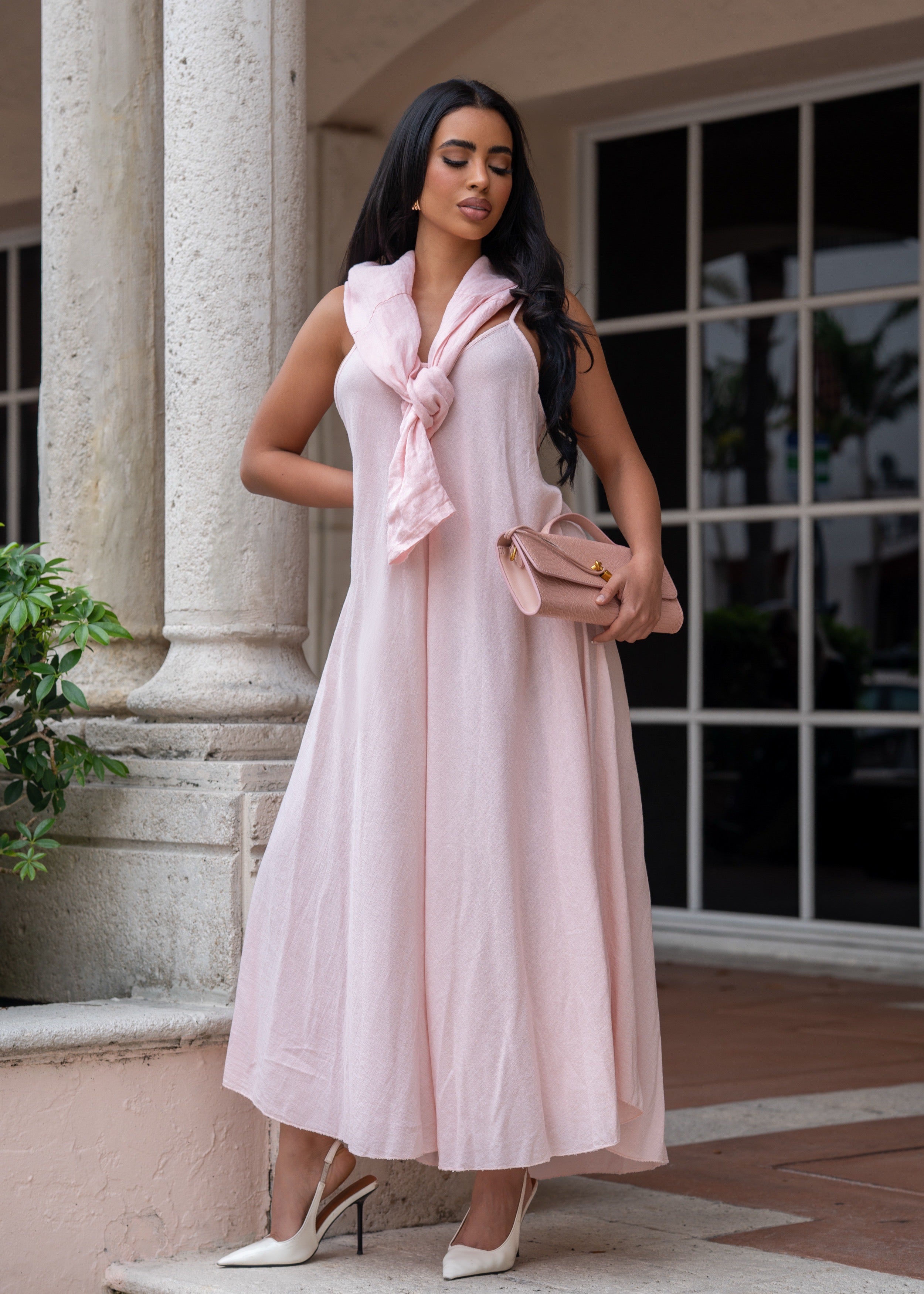 Breezy Aura Linen Maxi Dress Pink