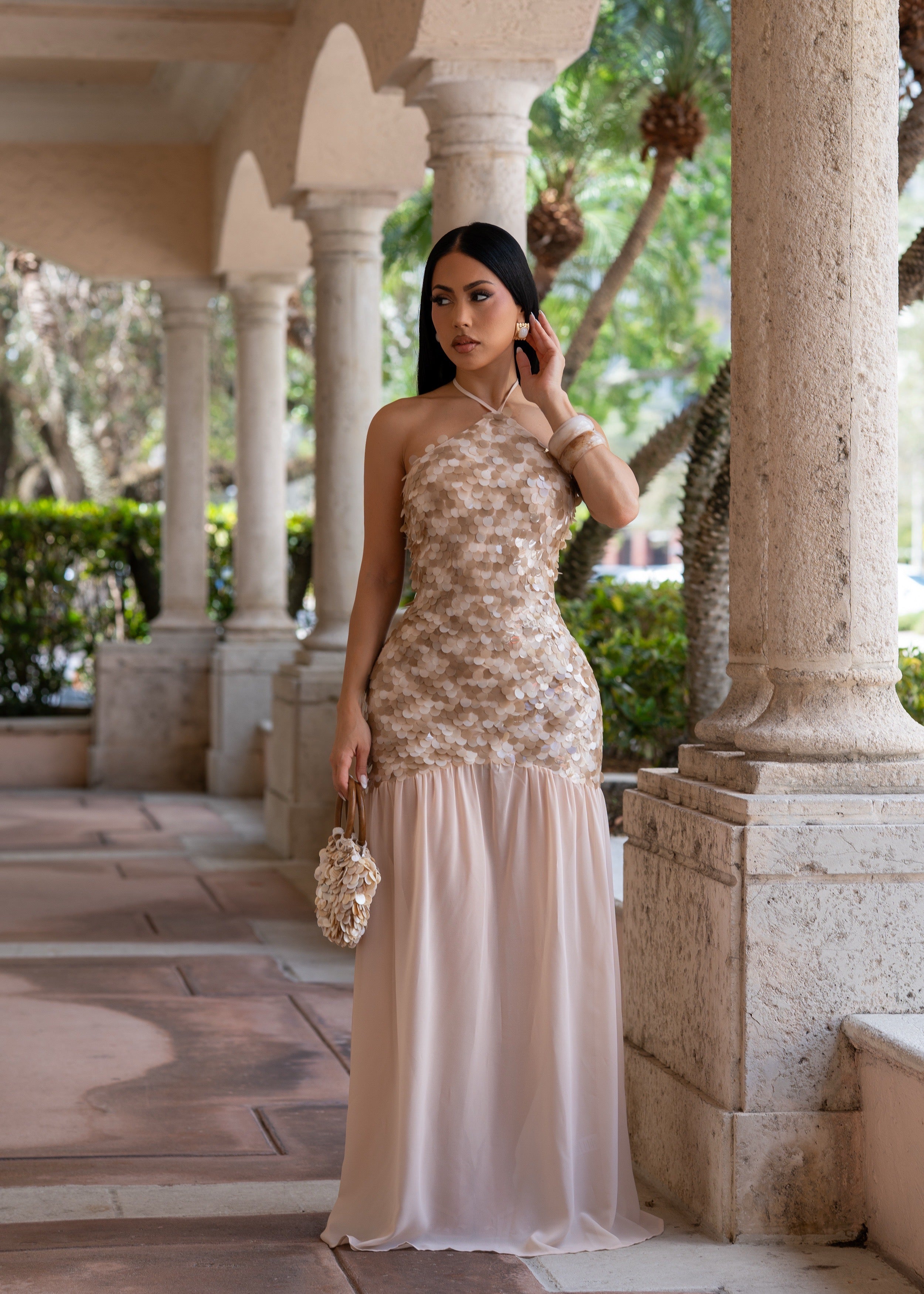 Obsession Royale Sequin Maxi Dress Nude