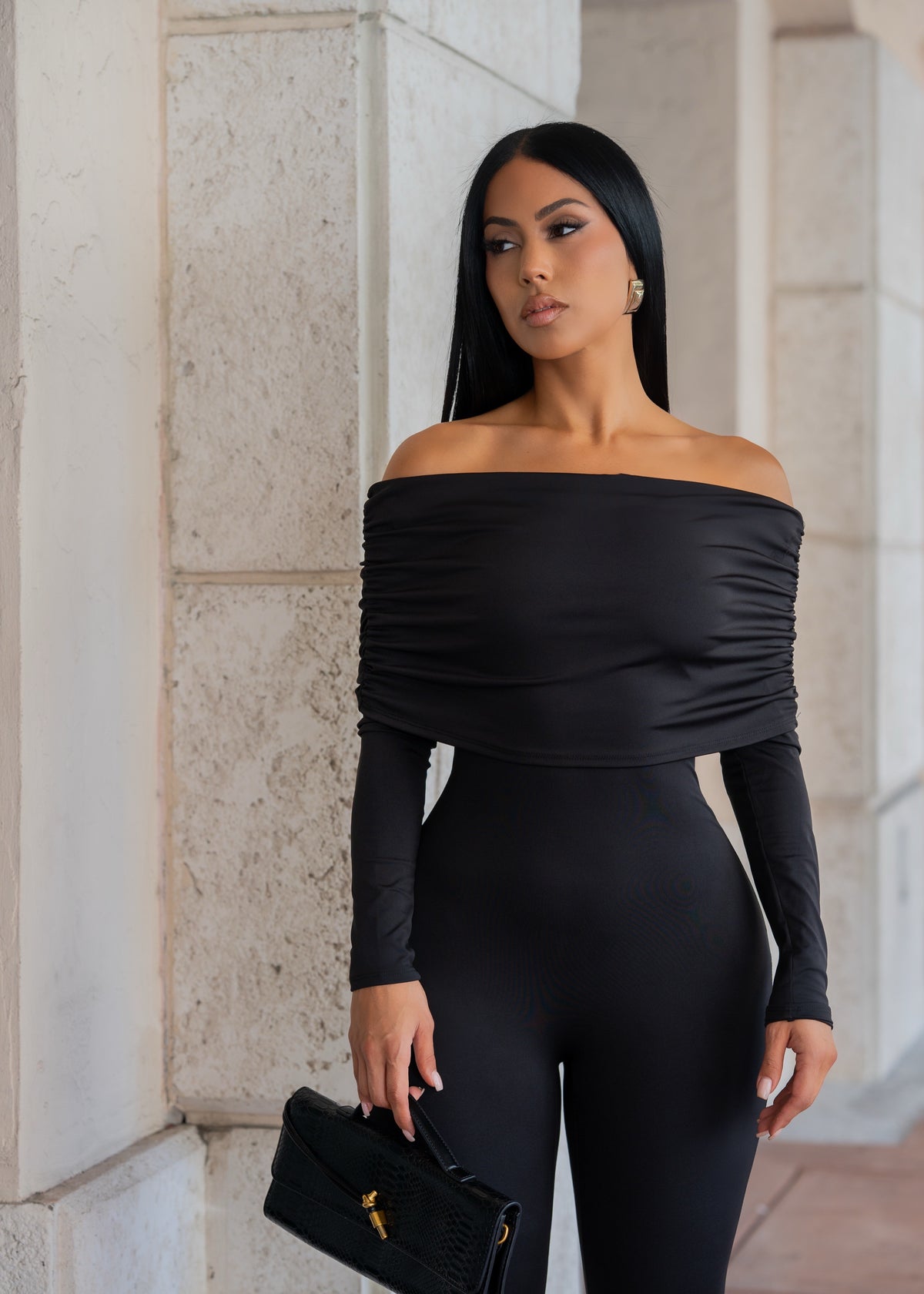 The Sleek Edit Off Shoulder Capri Jumpsuit Black