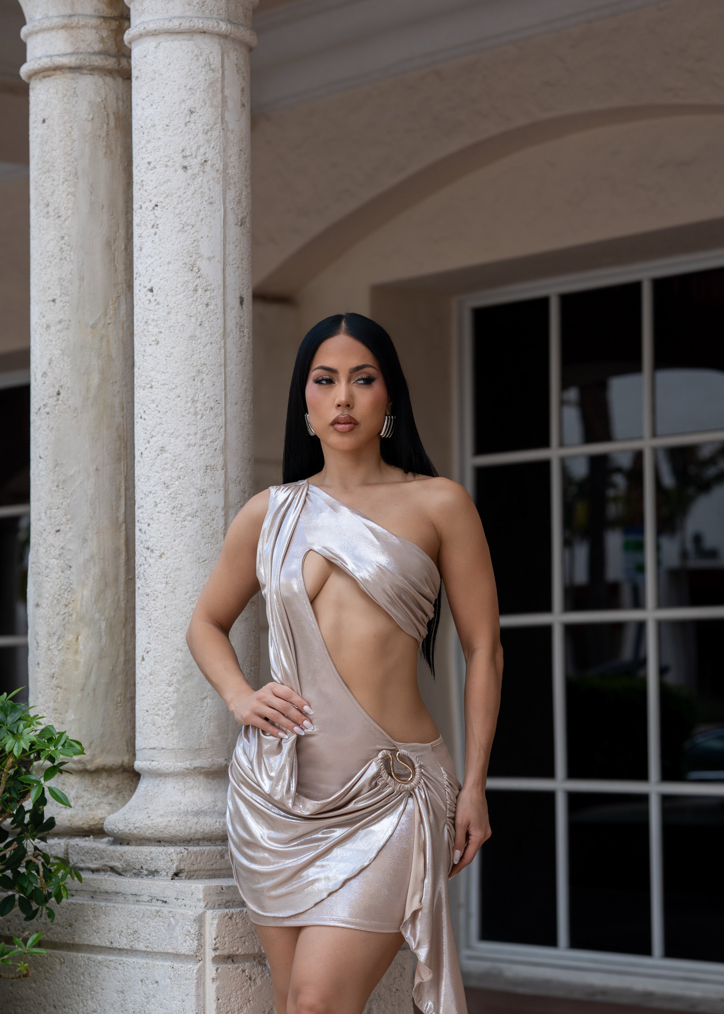 Midnight Temptress Ruched Mini Dress Gold