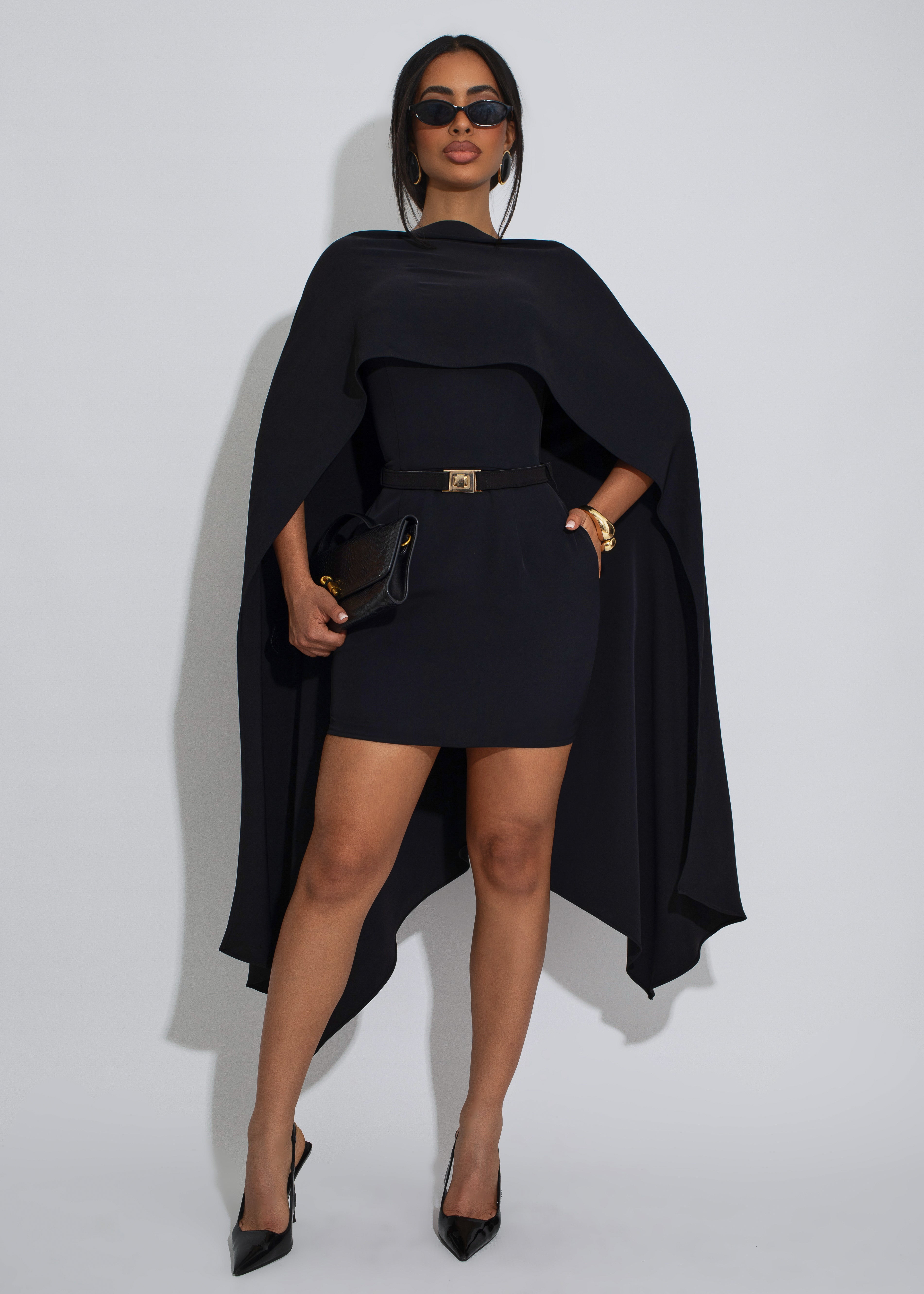 Structured Veil Cape Mini Dress Black