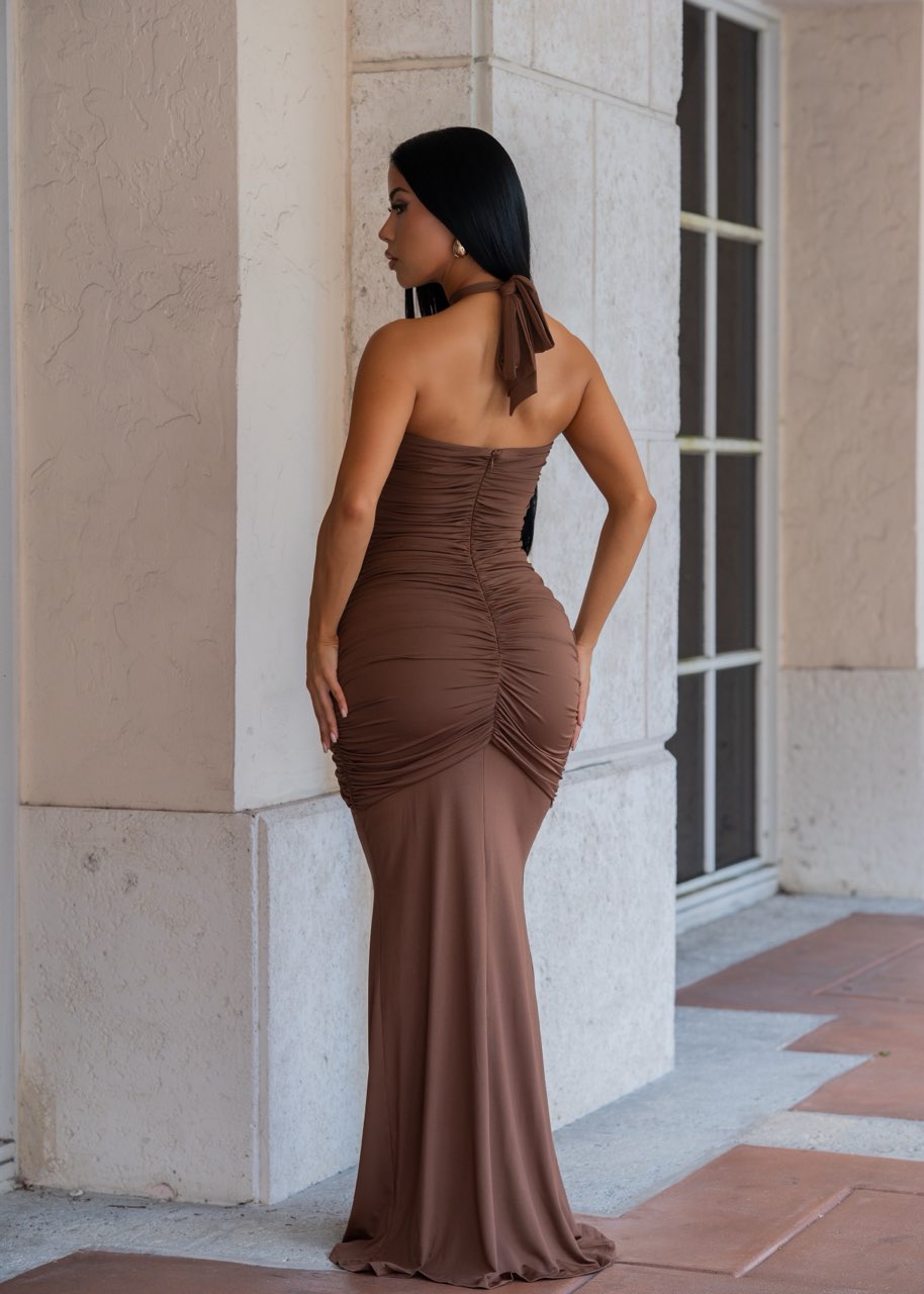 L'Art de Séduction Ruched Maxi Dress Brown
