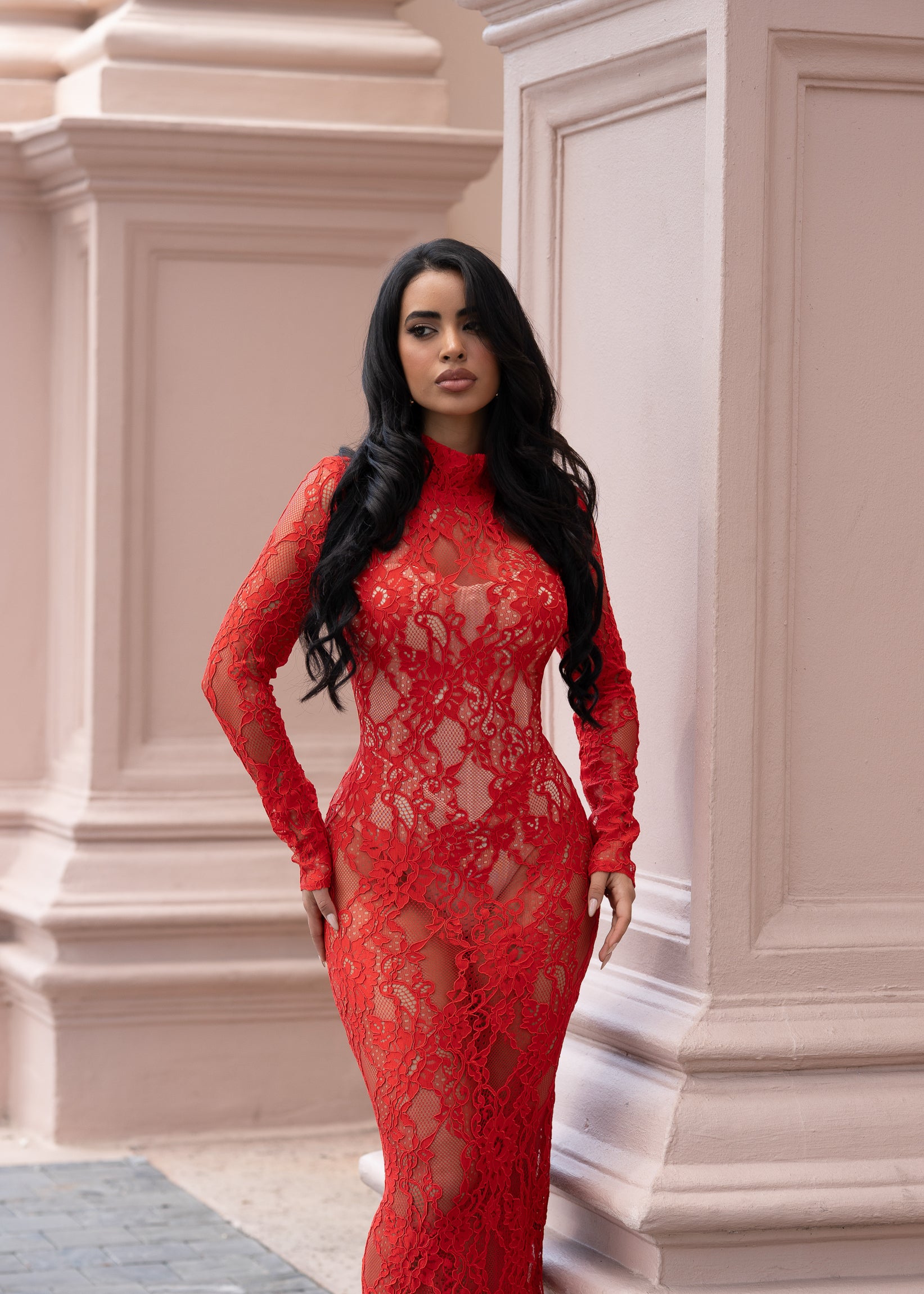 Forbidden Fantasy Floral Lace Maxi Dress Red