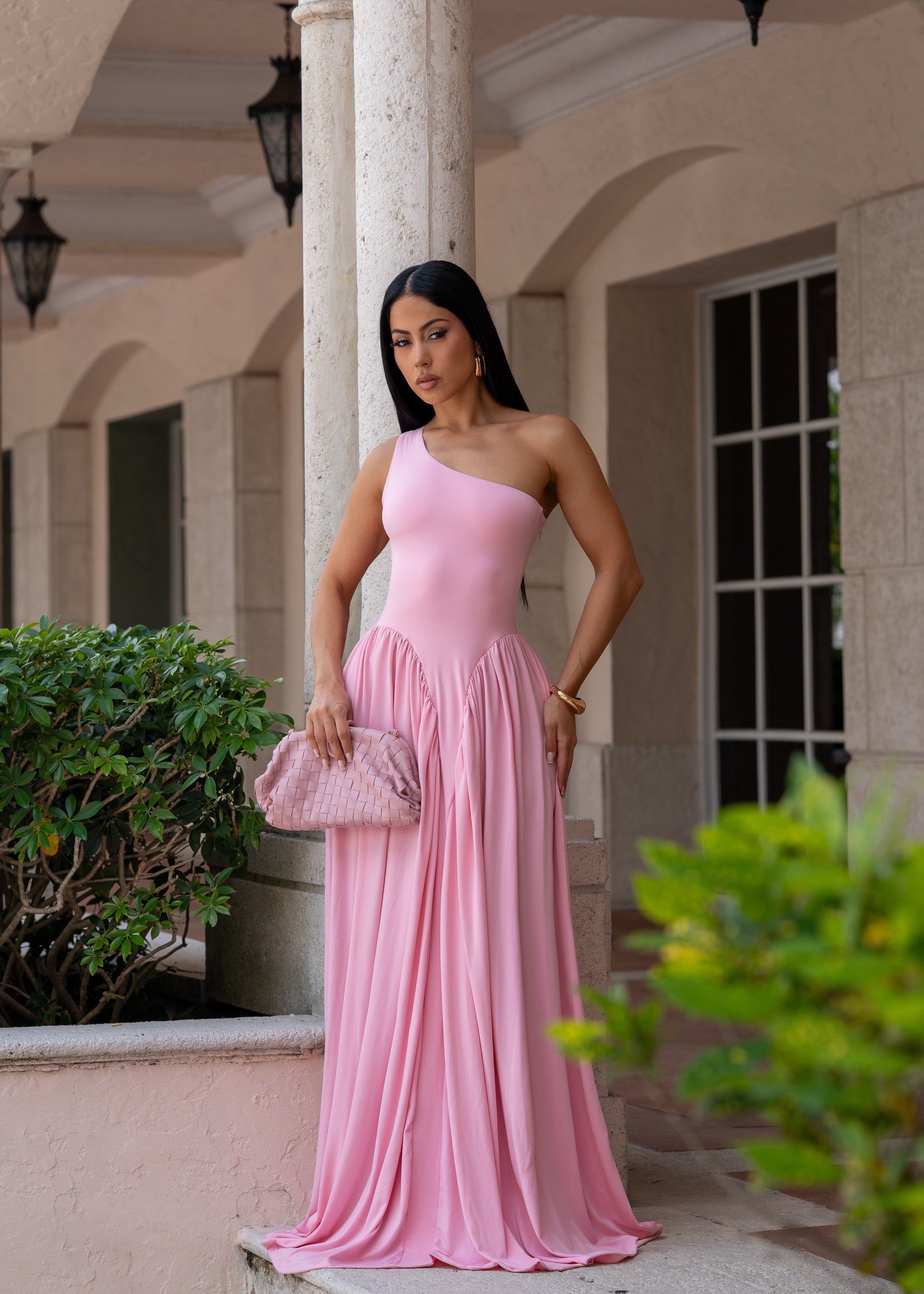 Temple of Desire Ruched Maxi Dress Pink