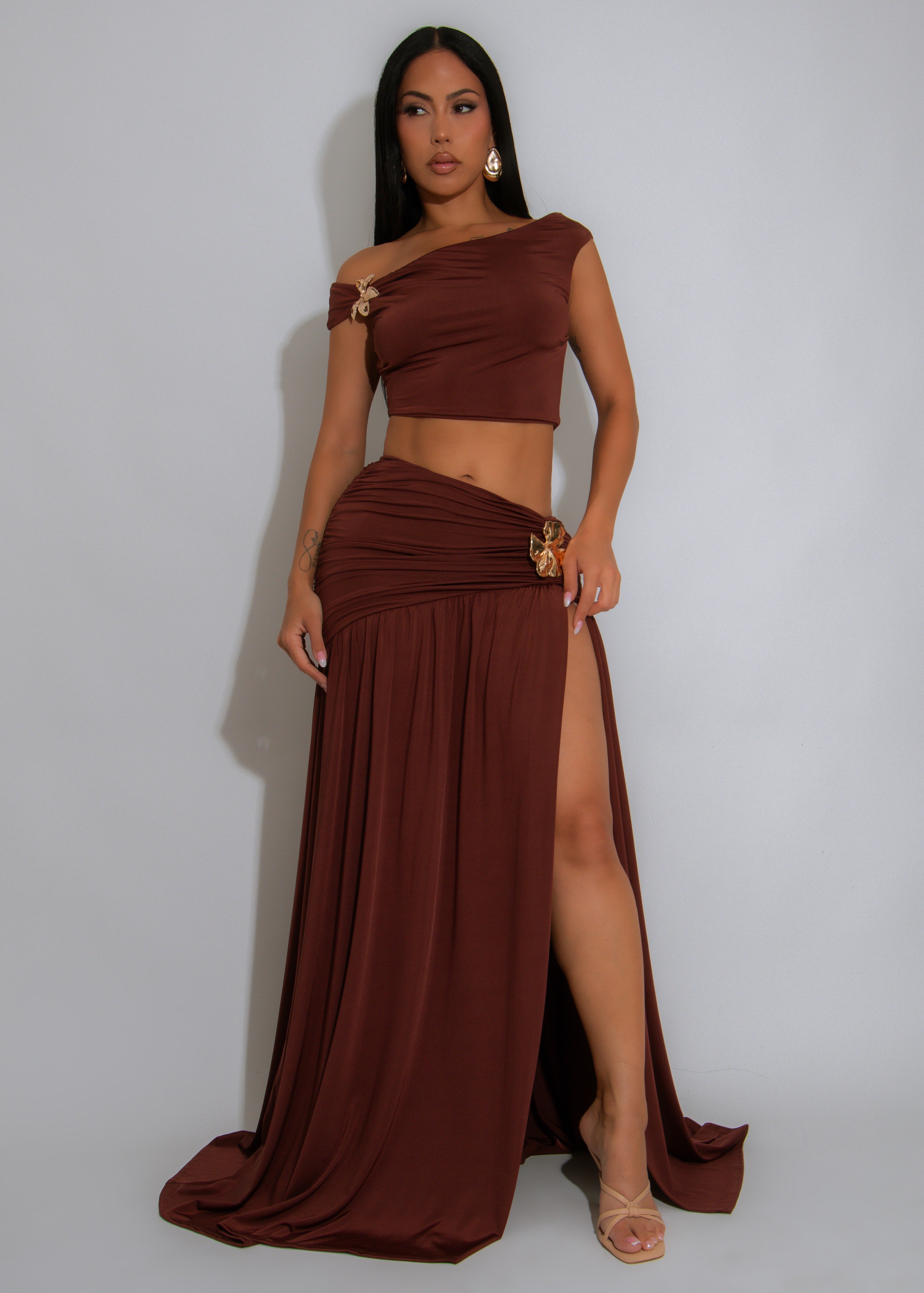 Opulence Bloom Ruched Skirt Set Brown