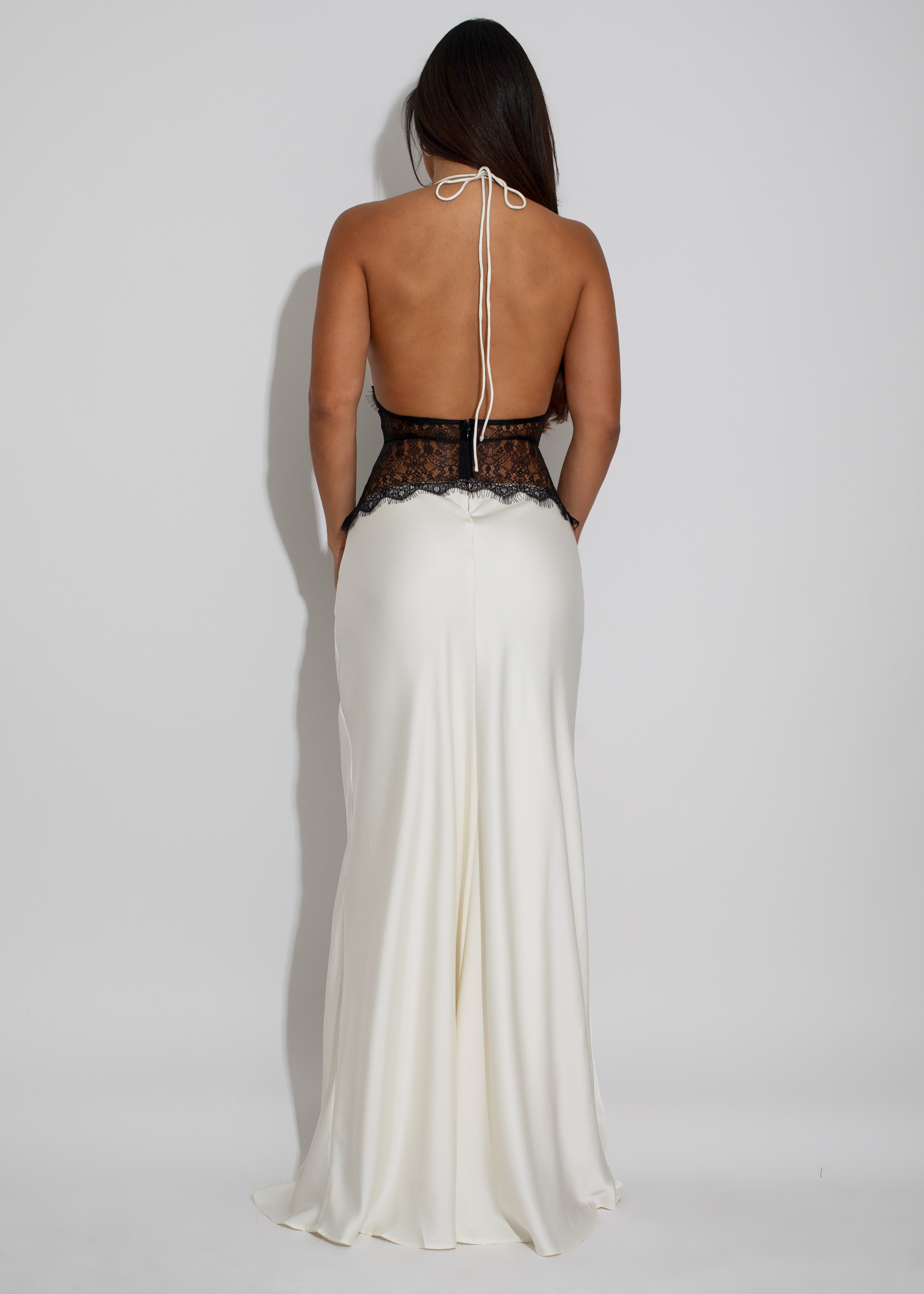Moonlit Desire Satin Lace Maxi Dress White