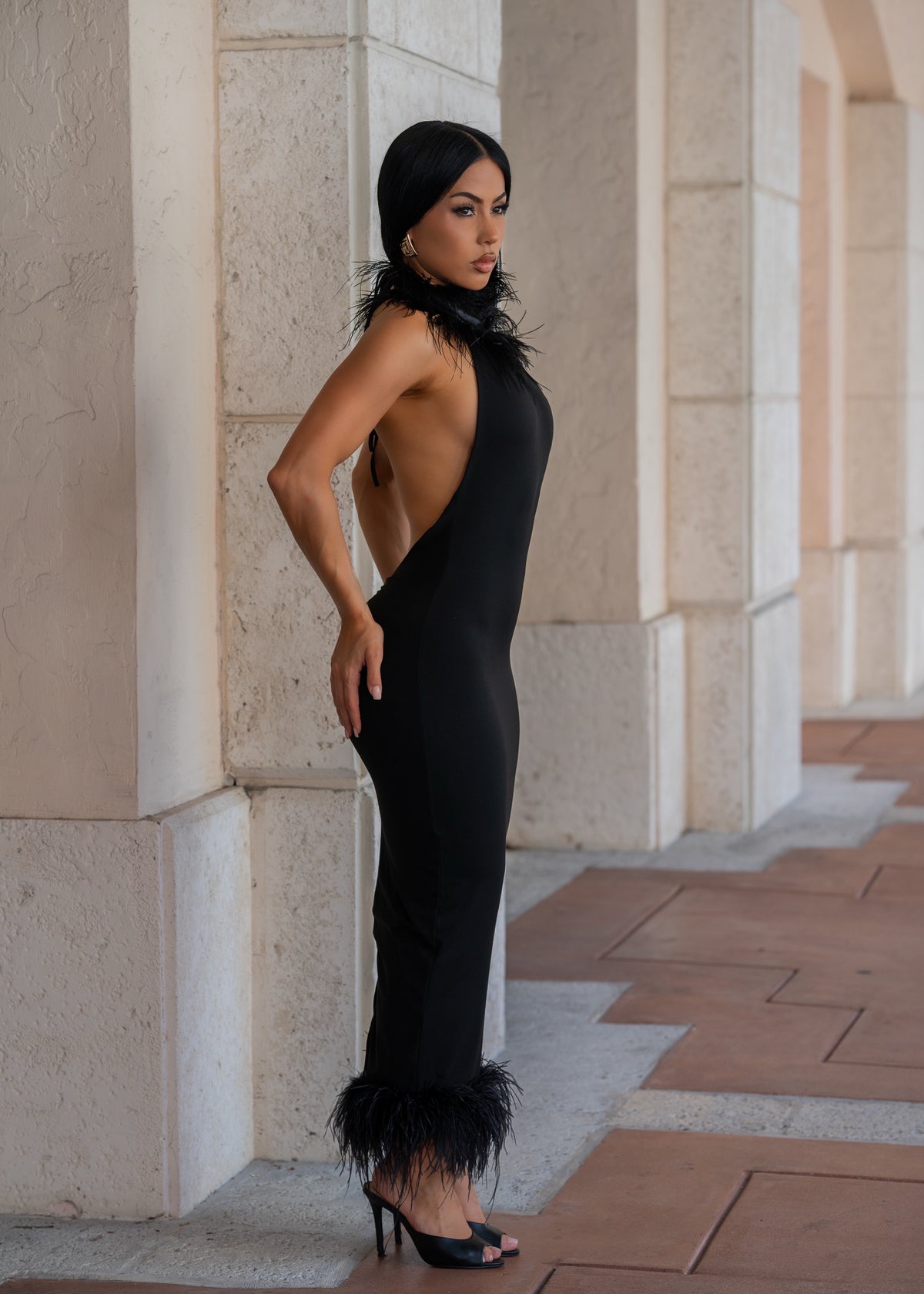 Private Desire Feather Trim Midi Dress Black