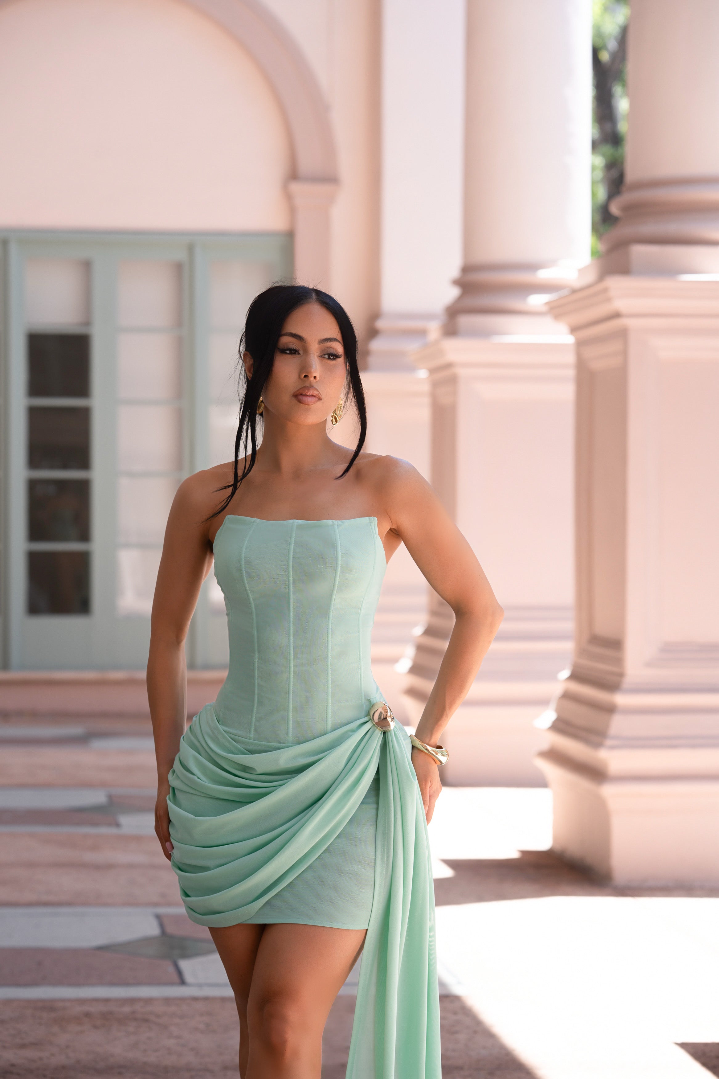 Divine Desire Ruched Mesh Mini Dress Green