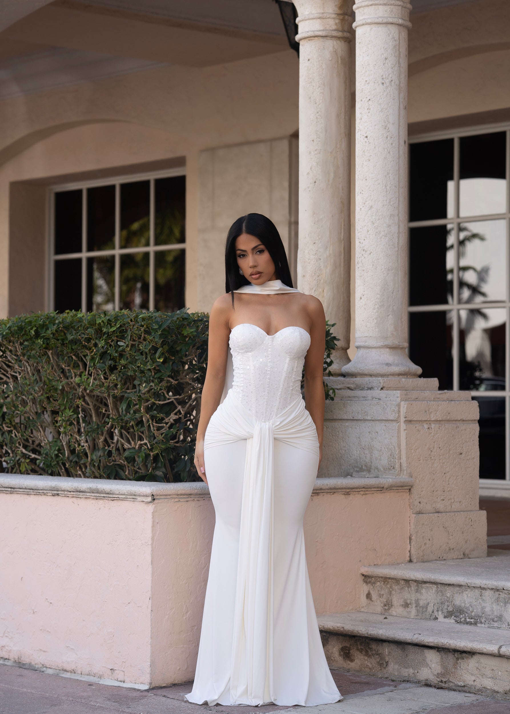 Divine Rupture Sequin Ruched Maxi Dress White