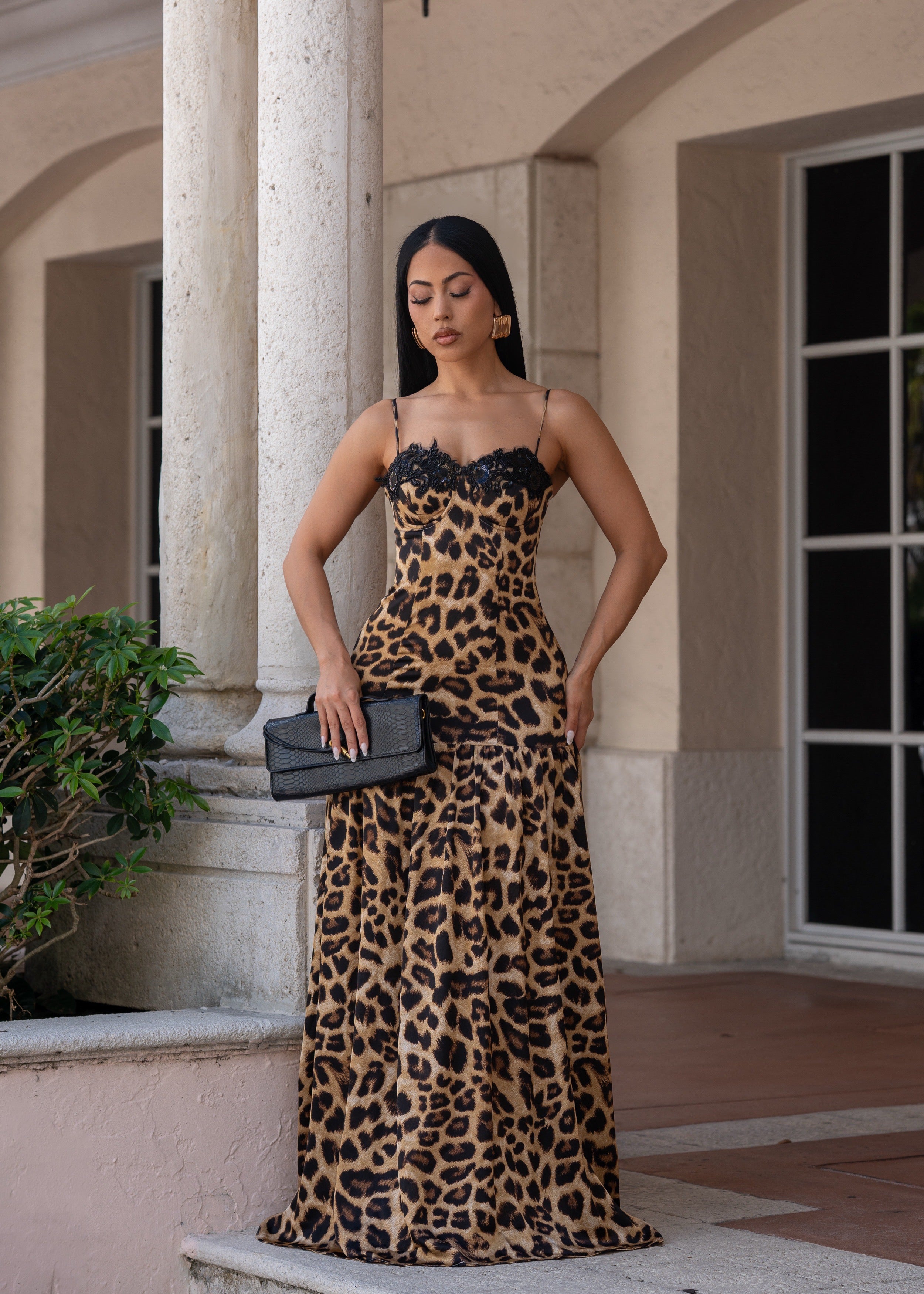 Instinctive Muse Leopard Sequin Maxi Dress Brown