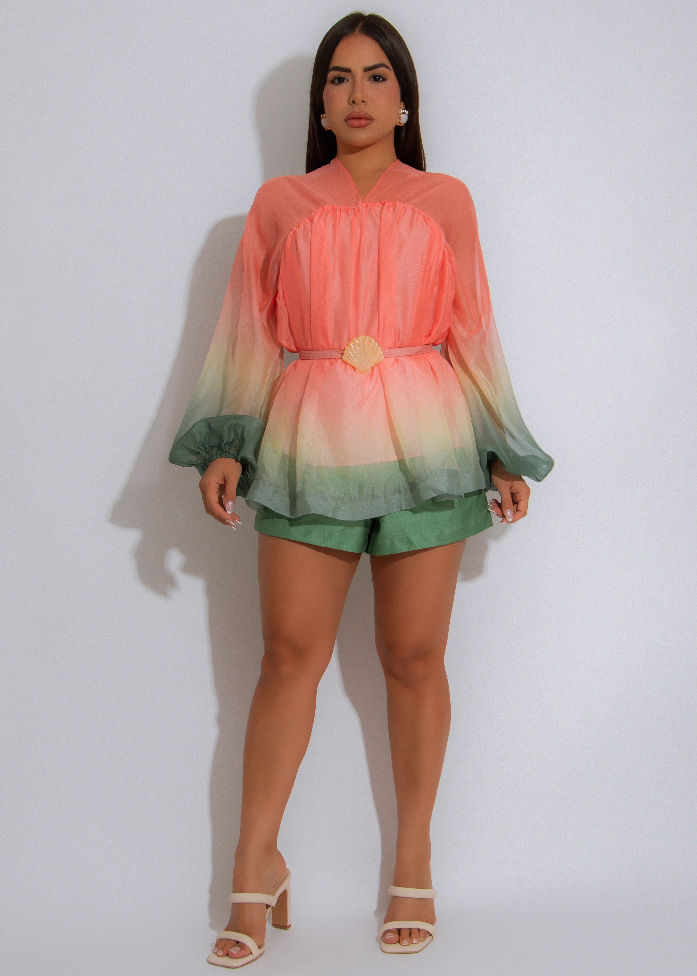 Cloud Bloom Mesh Ruched Short Set Orange