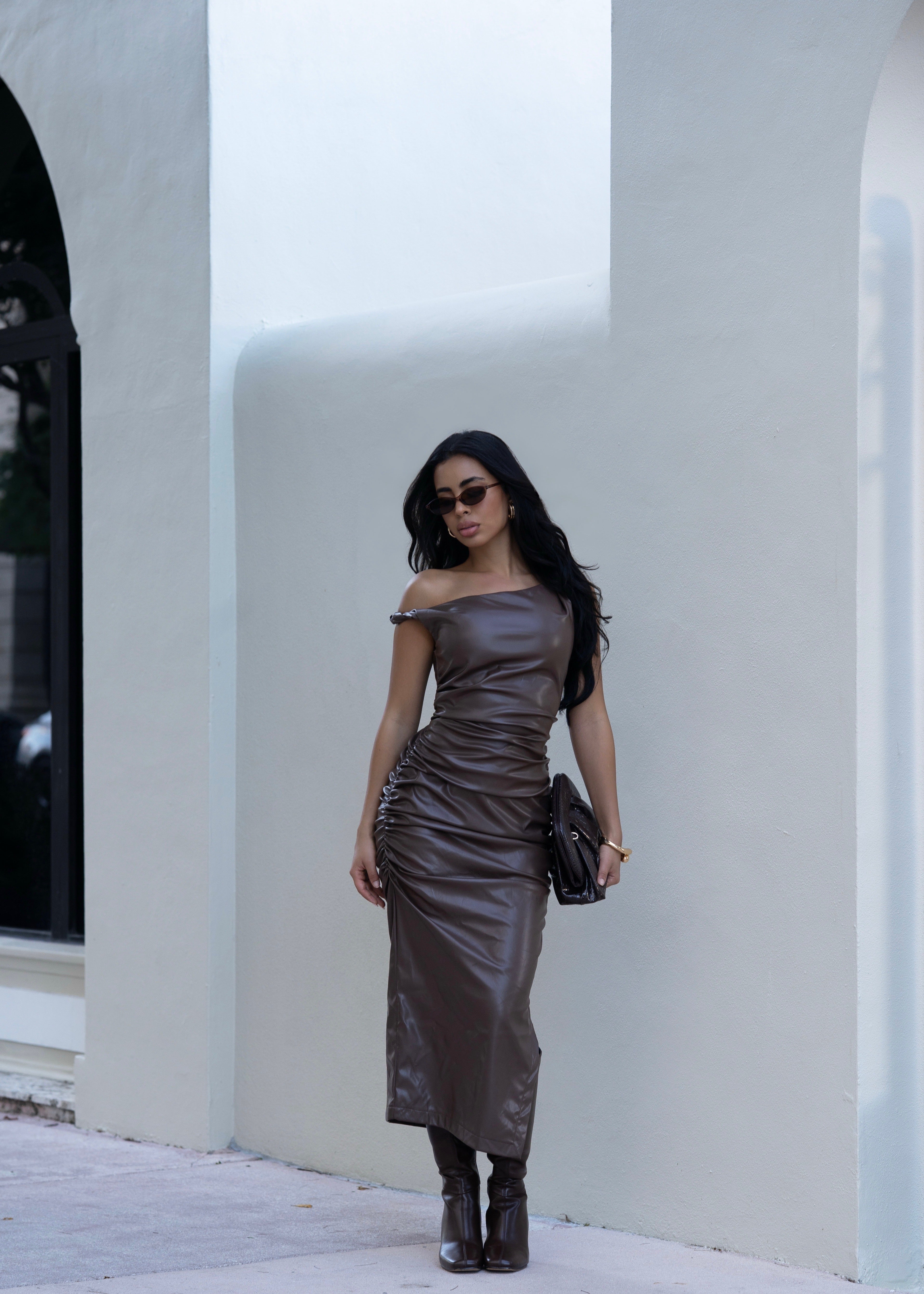Oblique Line Faux Leather Ruched Midi Dress Brown