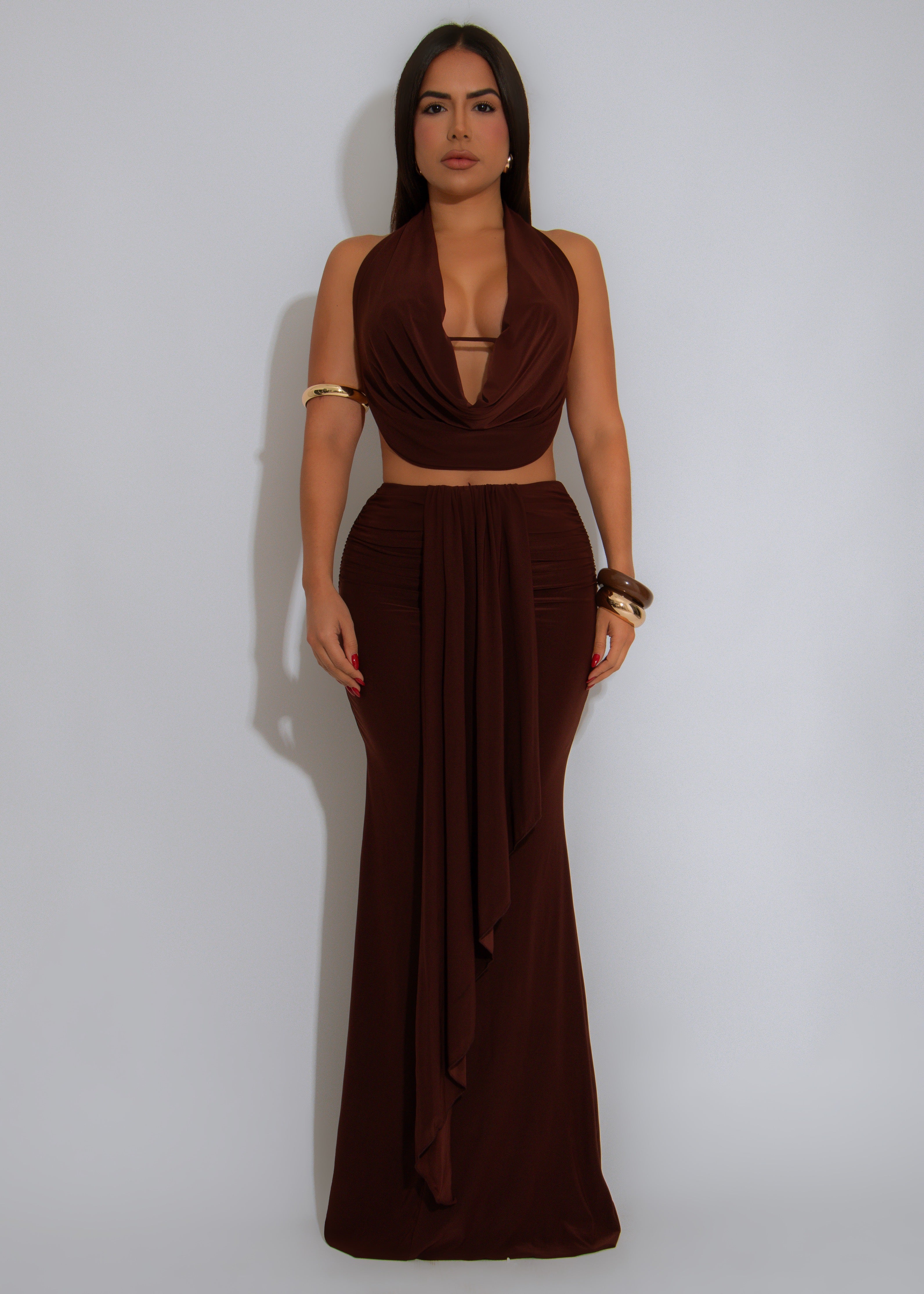 Sahara Heat Ruched Skirt Set Brown