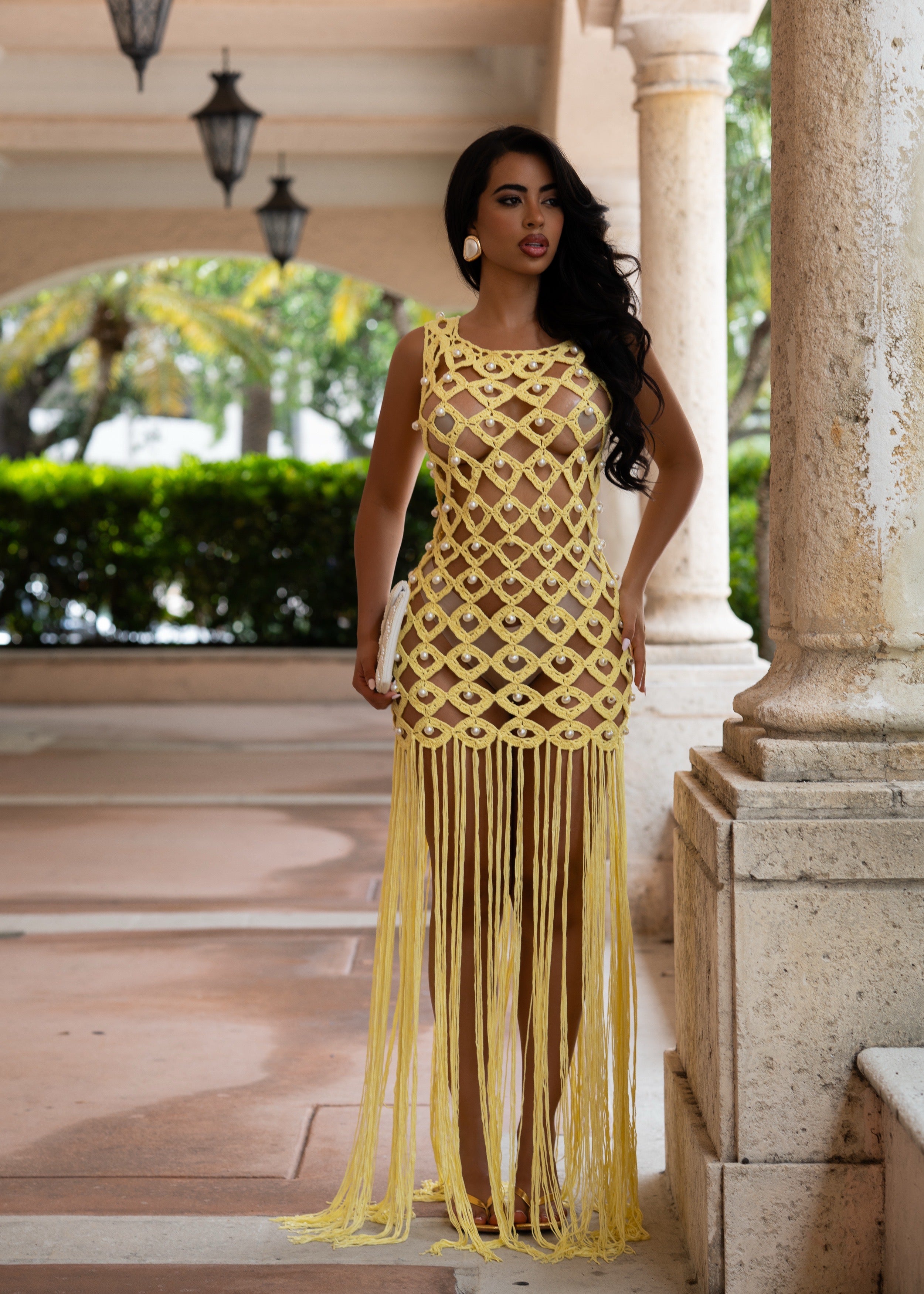 Indecent Royalty Pearls Crochet Maxi Dress Yellow