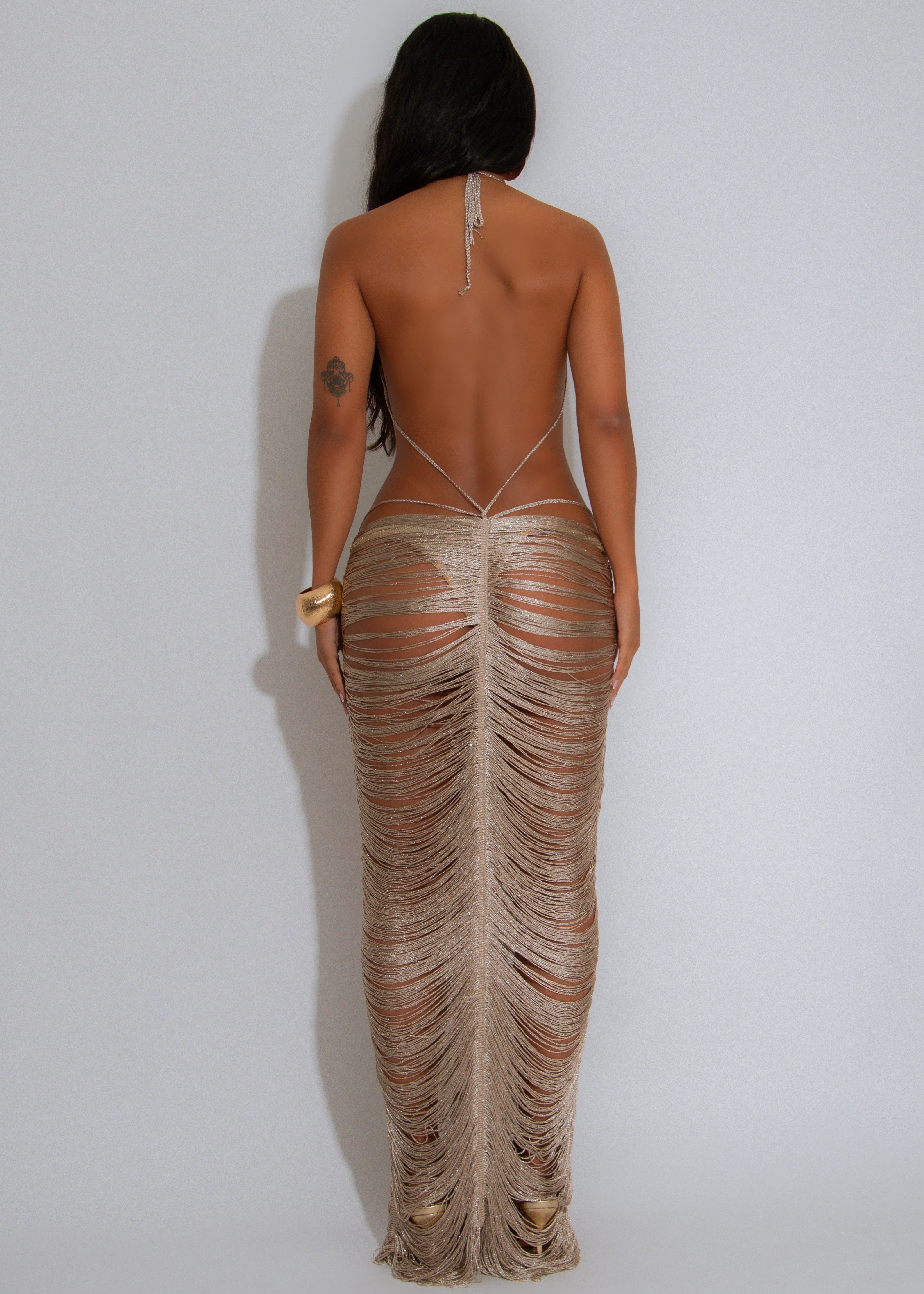 Goddess Tide Gown Shell Maxi Dress Silver