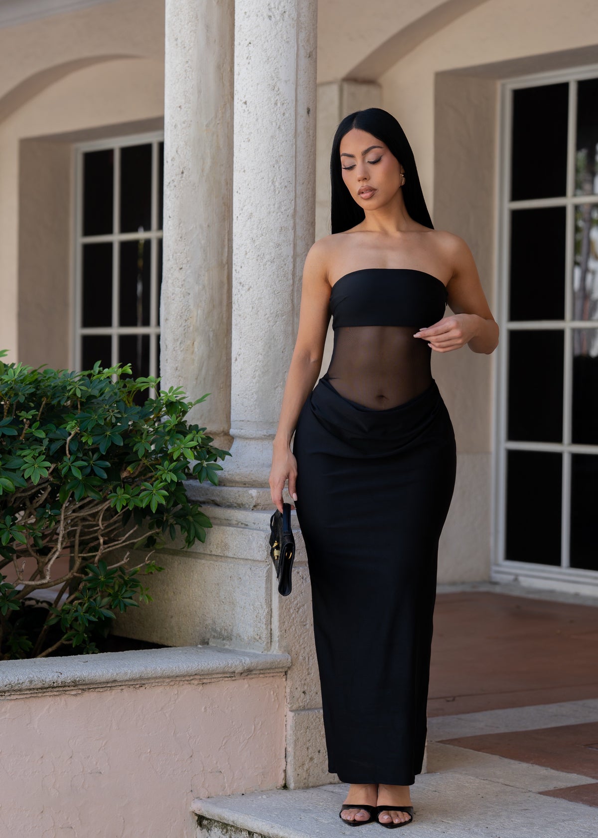 Unspoken Elegance Ruched Mesh Maxi Dress Black