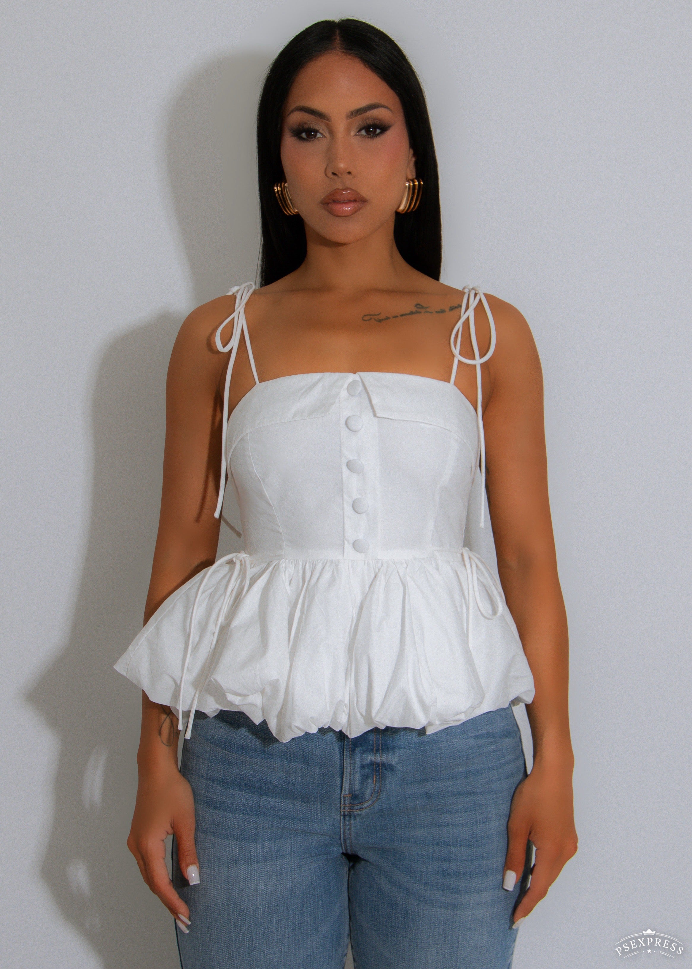 Ruffle Bloom Ruched Long Top White