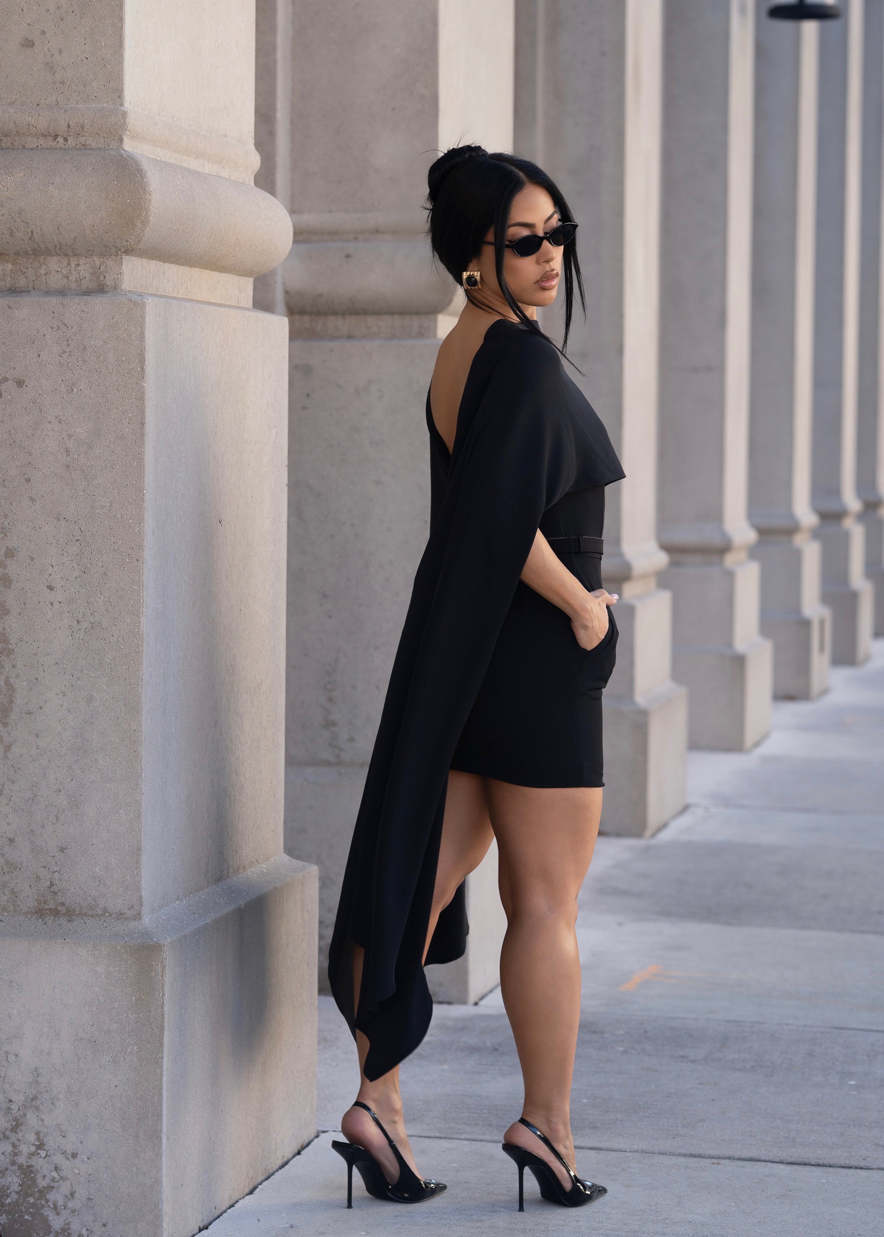 Structured Veil Cape Mini Dress Black