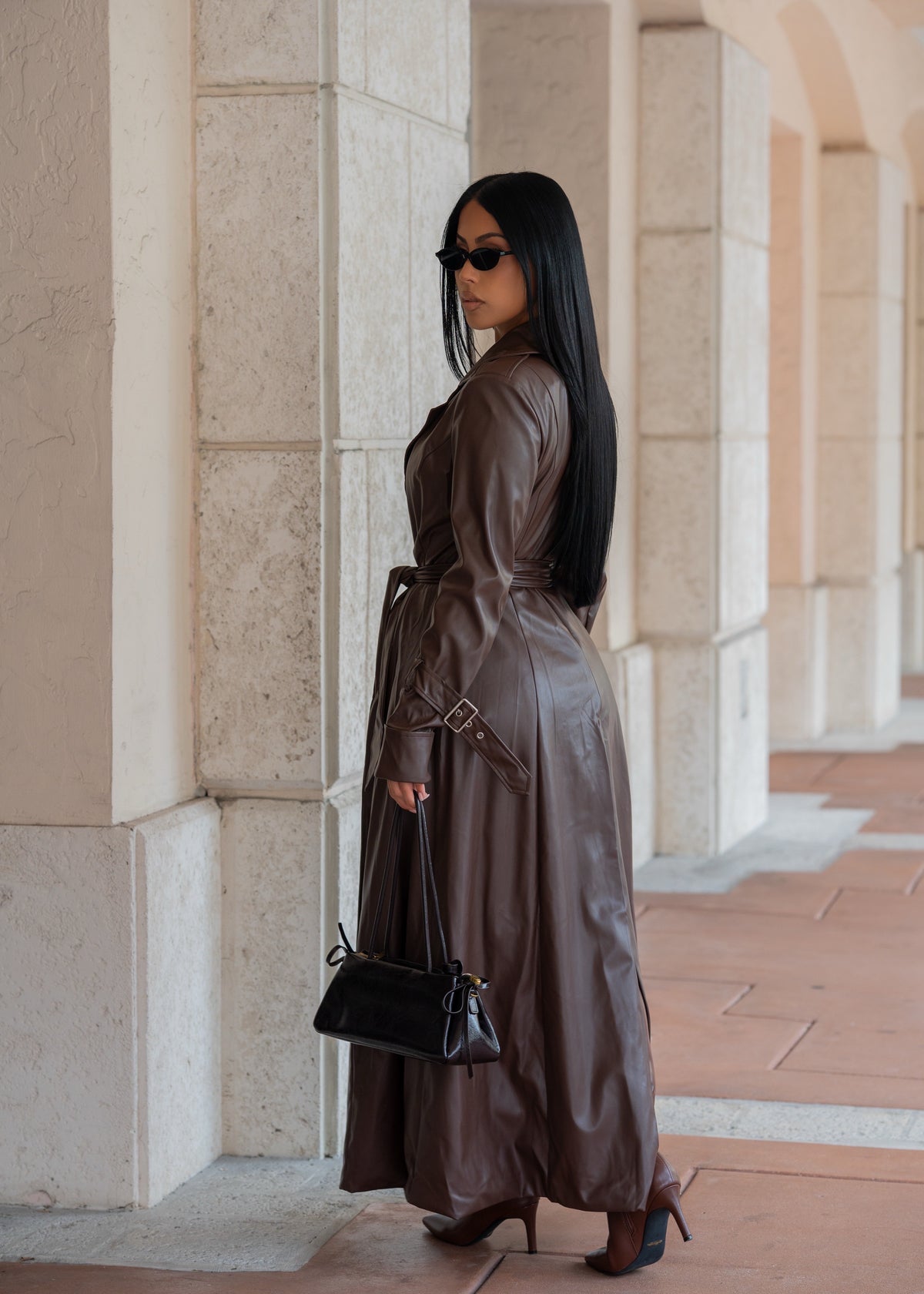 Cityscape Elegance Faux Leather Skirt Set Dark Brown