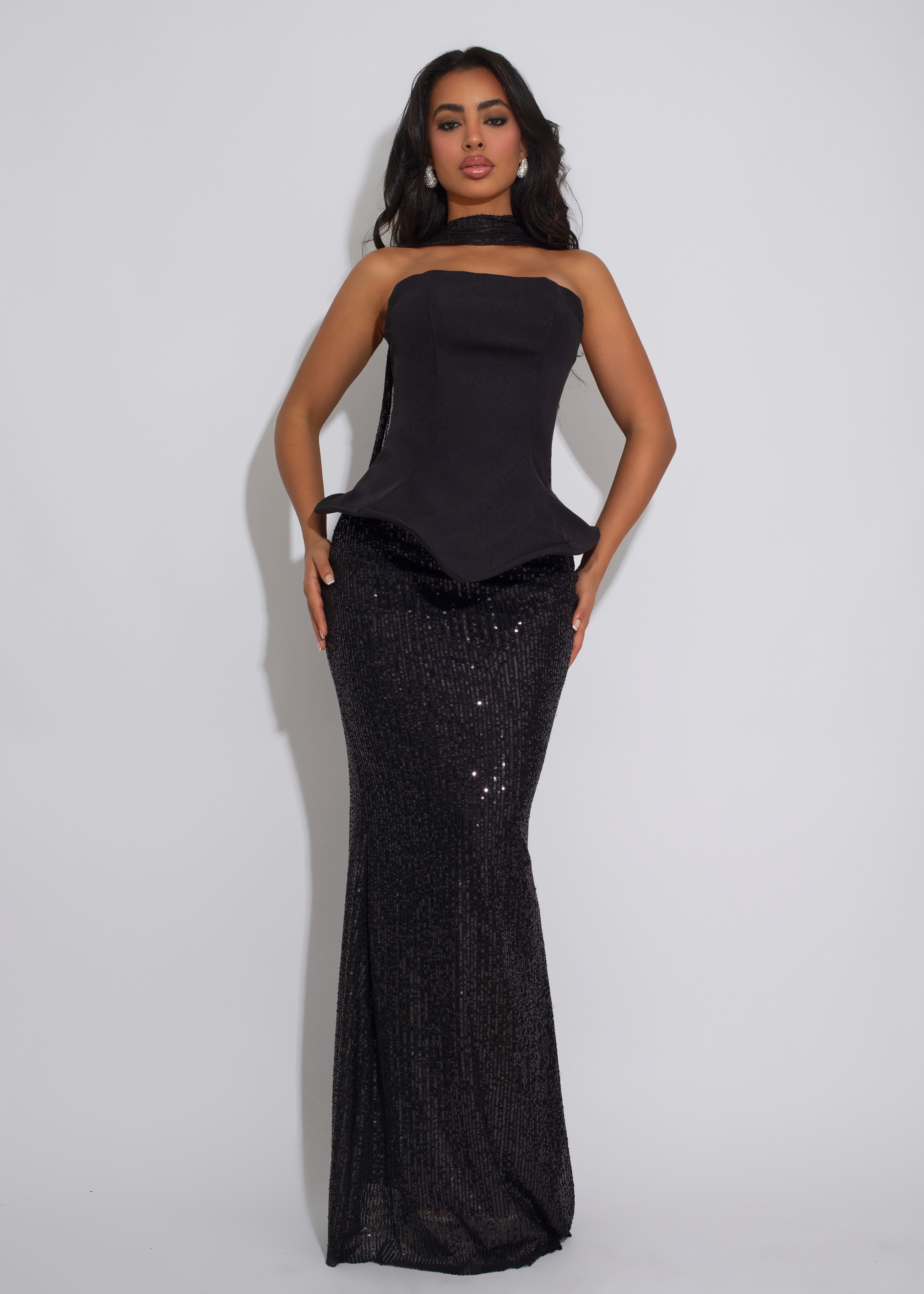 Starlit Motion Sequin Skirt Set Black