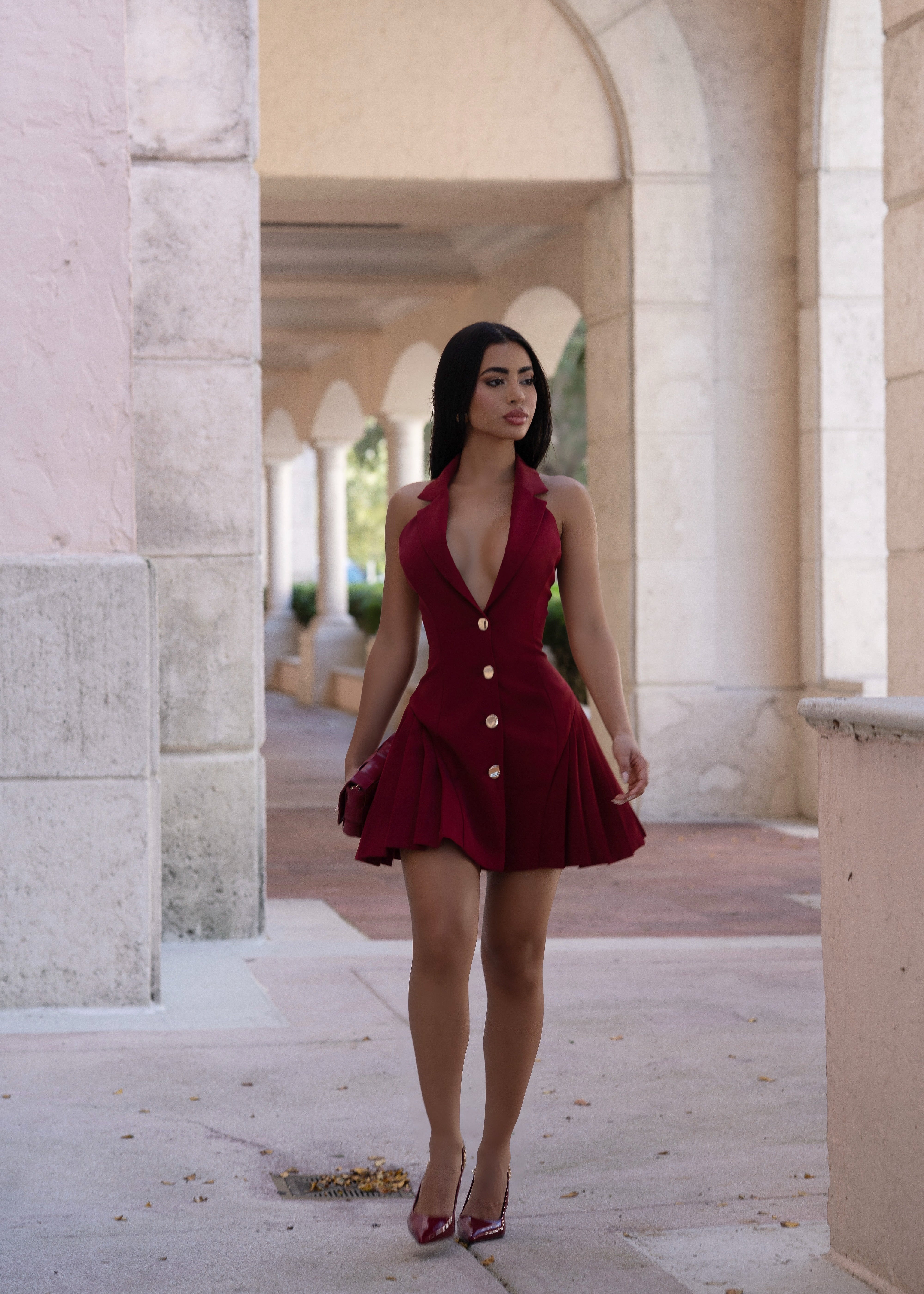 Parisian Stroll Pleated Mini Dress Red
