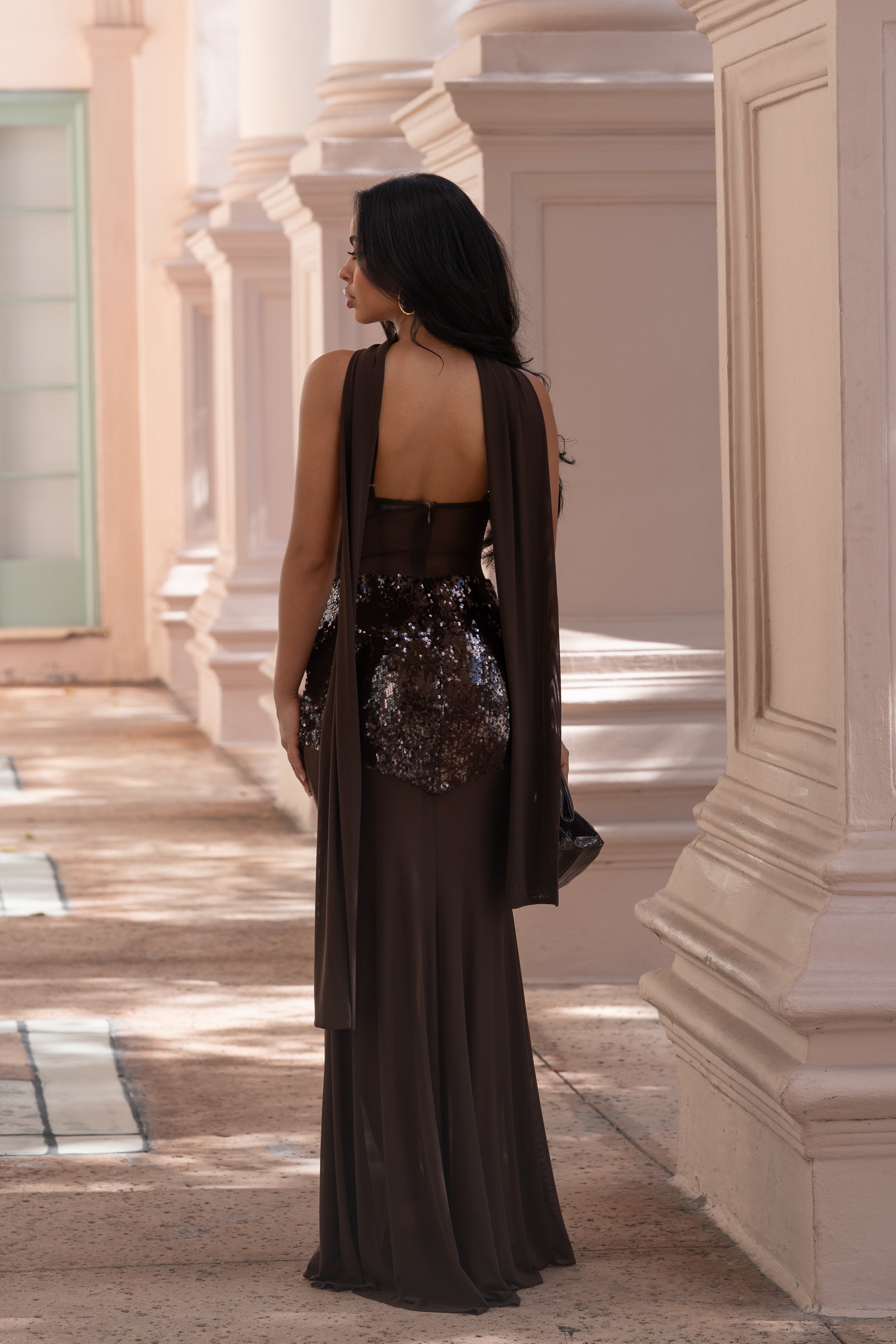 Allure Veil Sequin Mesh Maxi Dress Brown