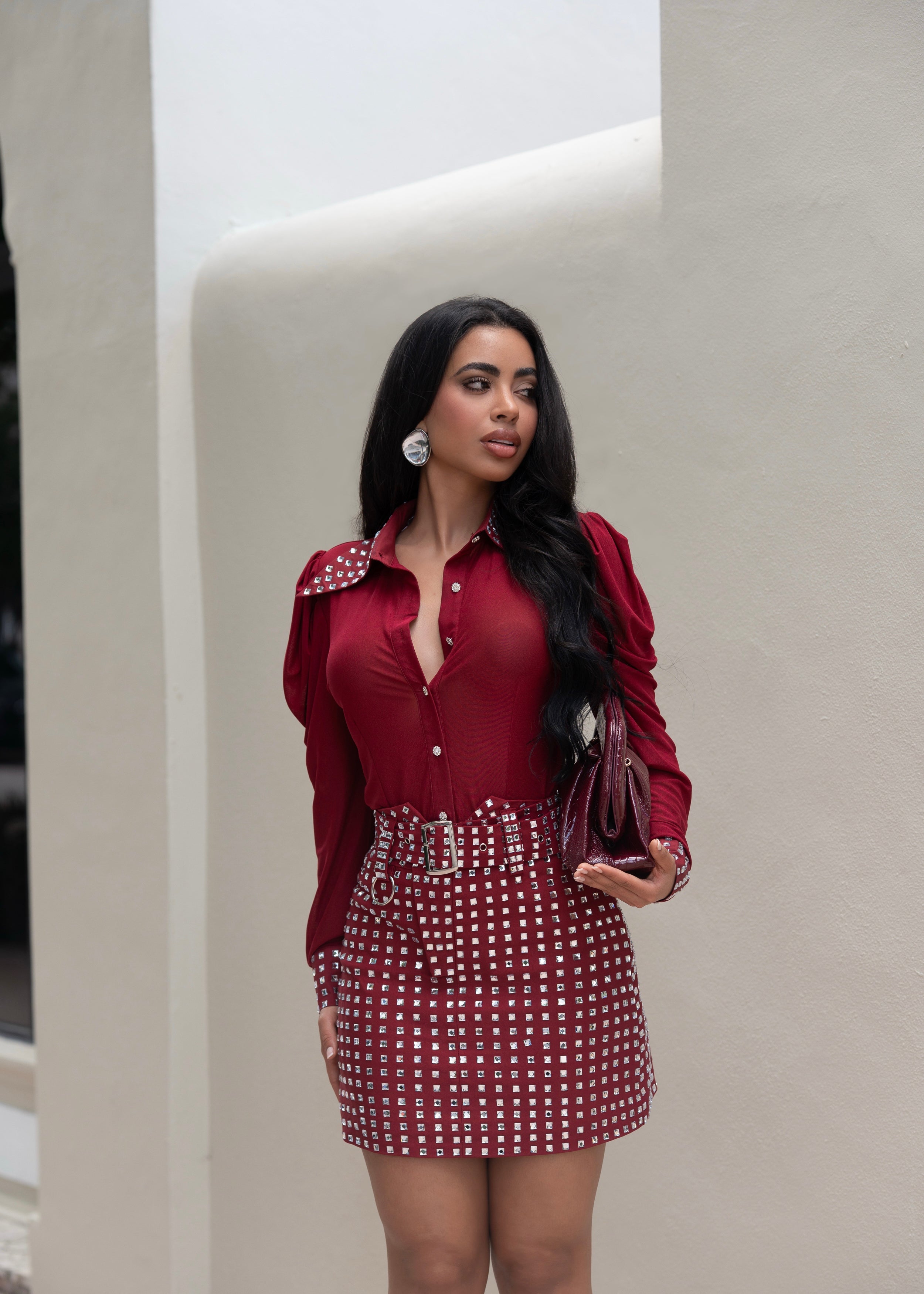 Soft Threat Rhinestone Mesh Skirt Set Red