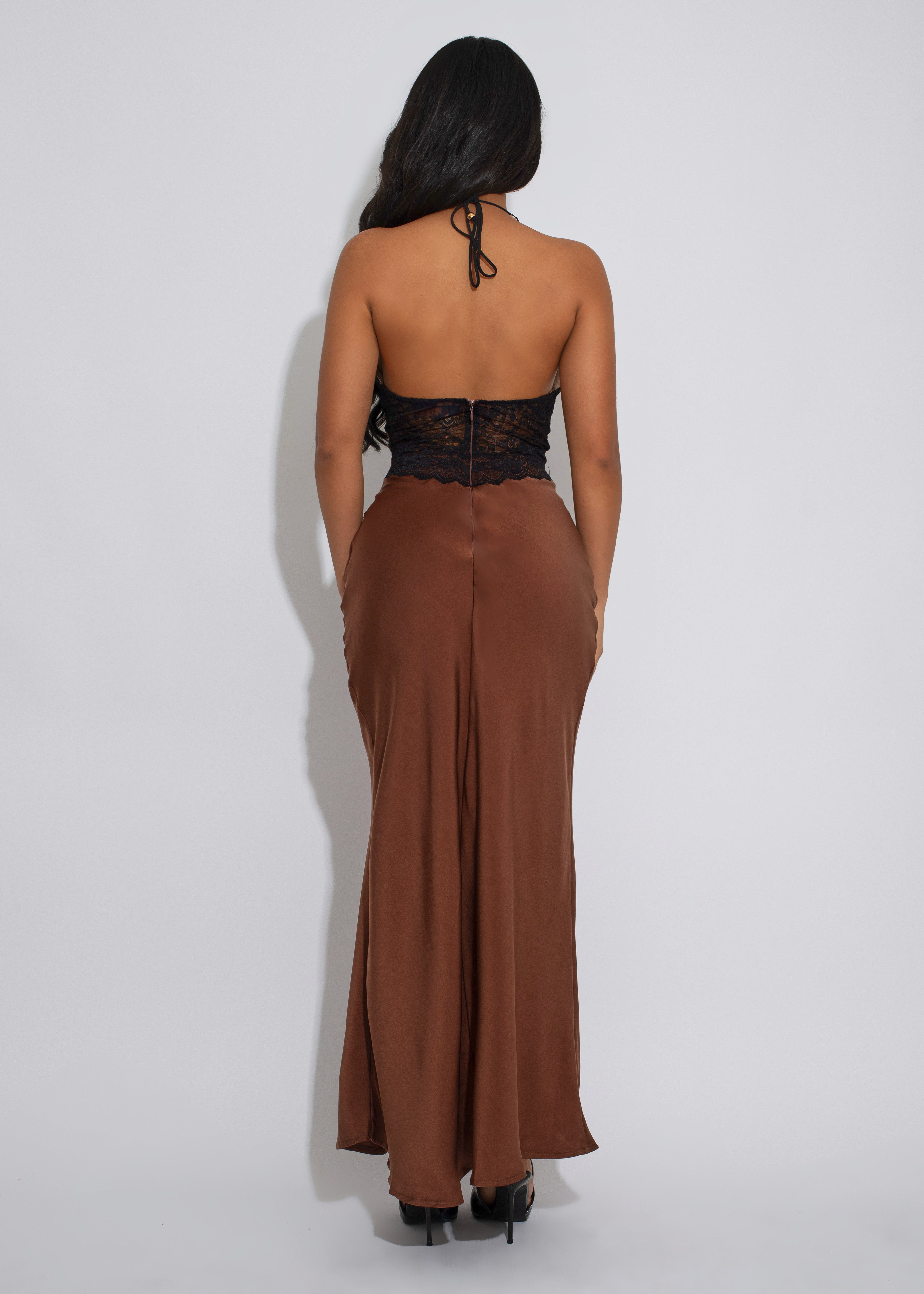 Forbidden Poise Satin Lace Maxi Dress Brown