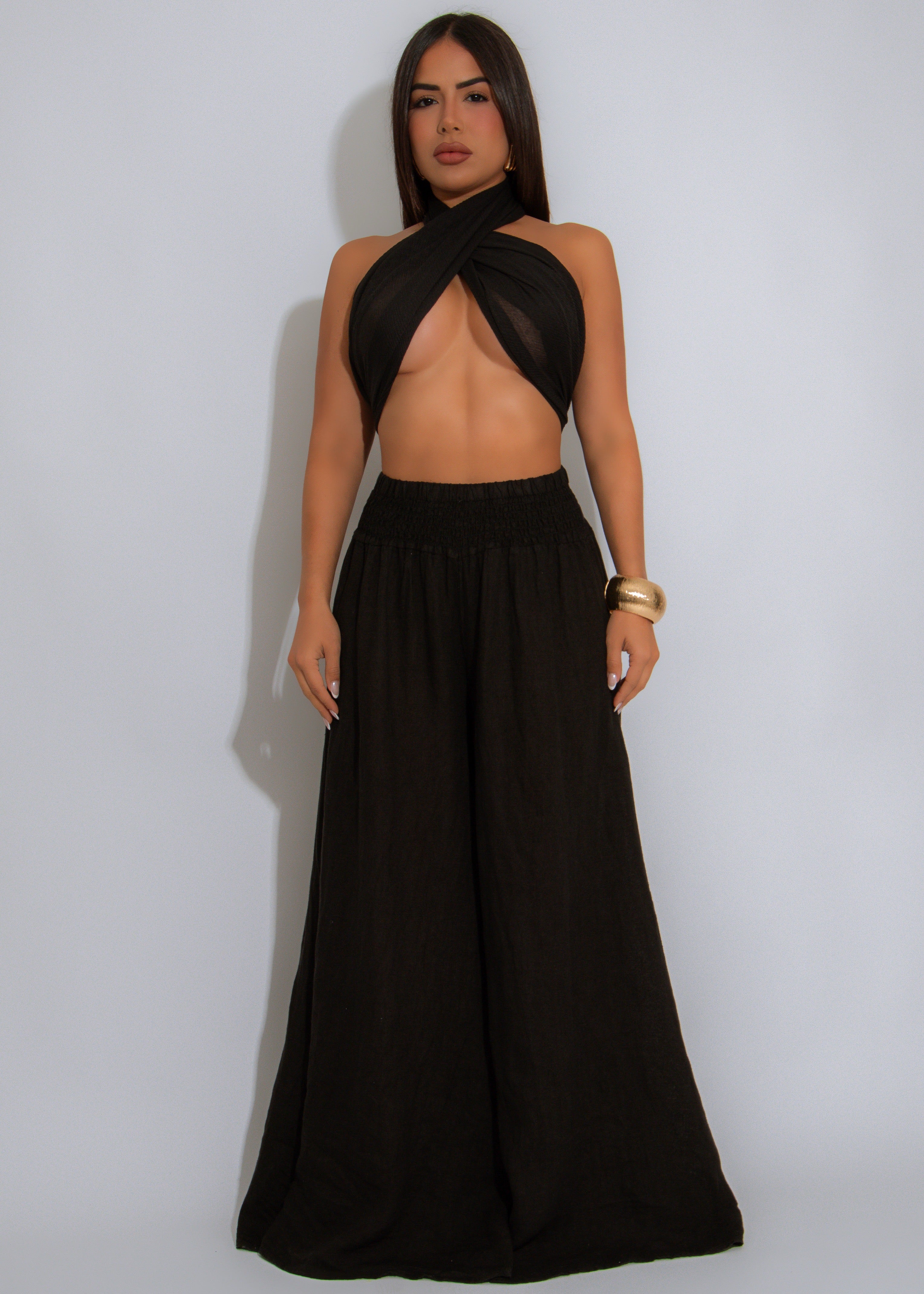 Soleil Ease Linen Ruched Pant Black