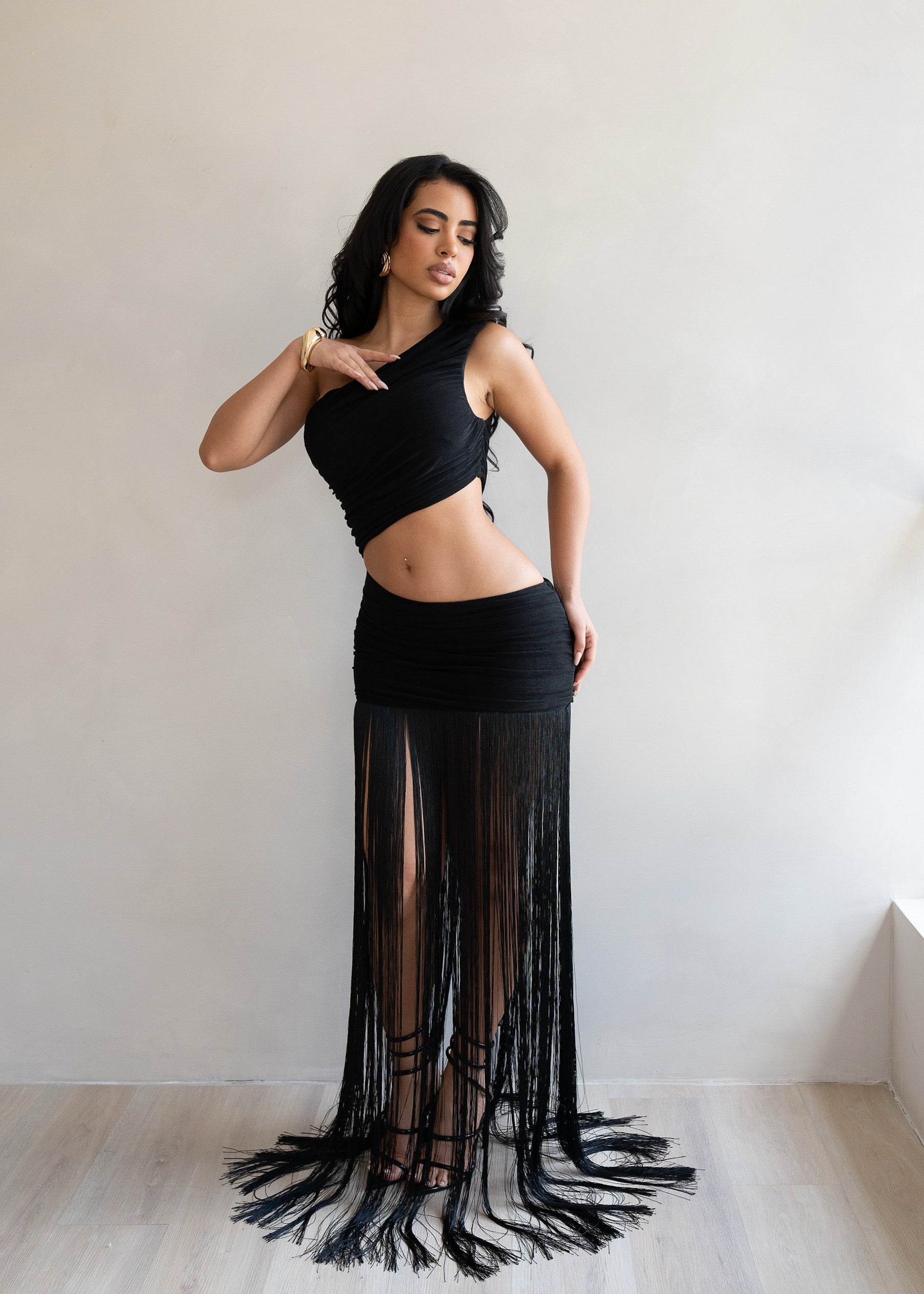 Sensuelle Command Fringes Ruched Maxi Dress Black