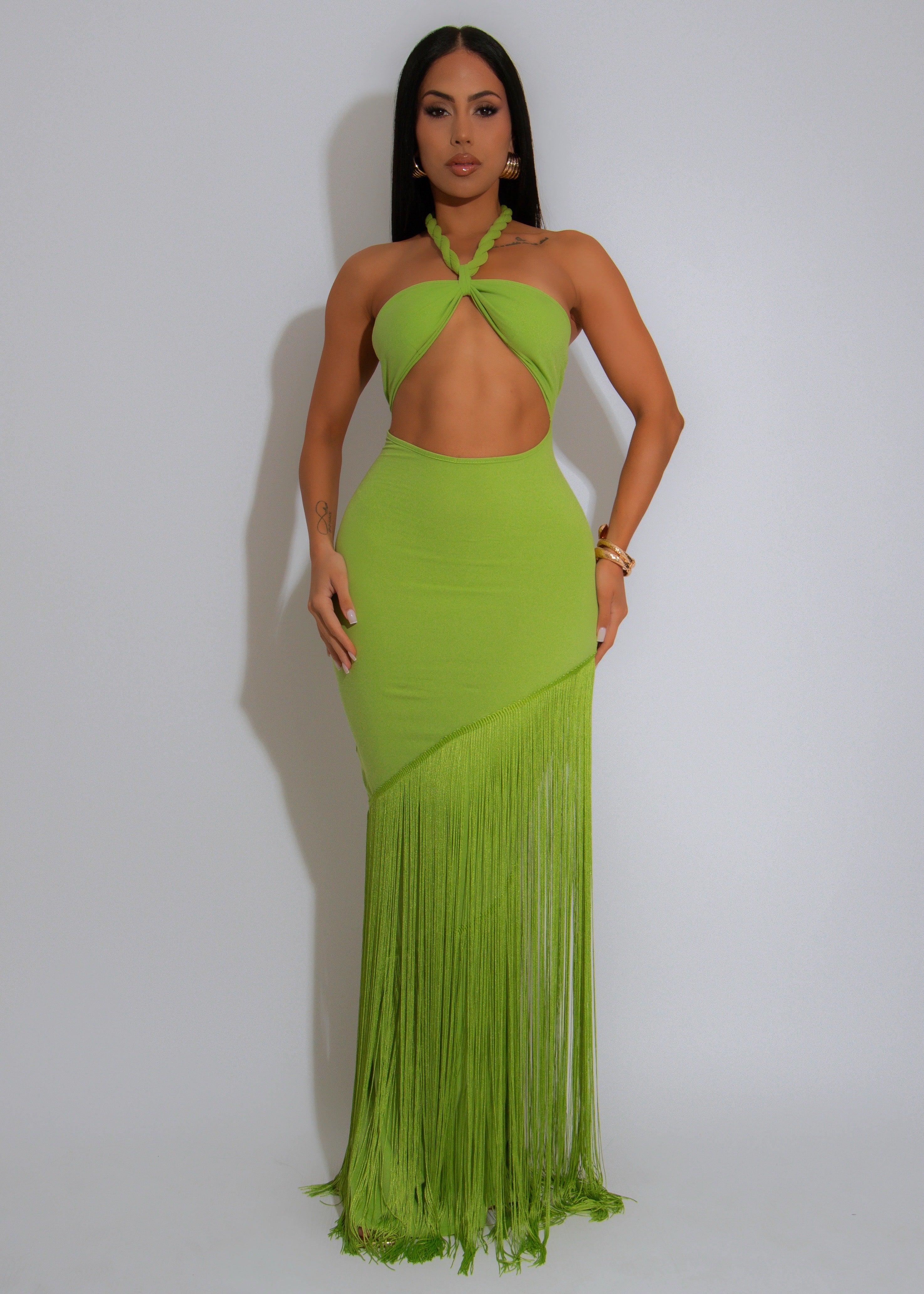 Coastal Rhythm Fringes Maxi Dress Green