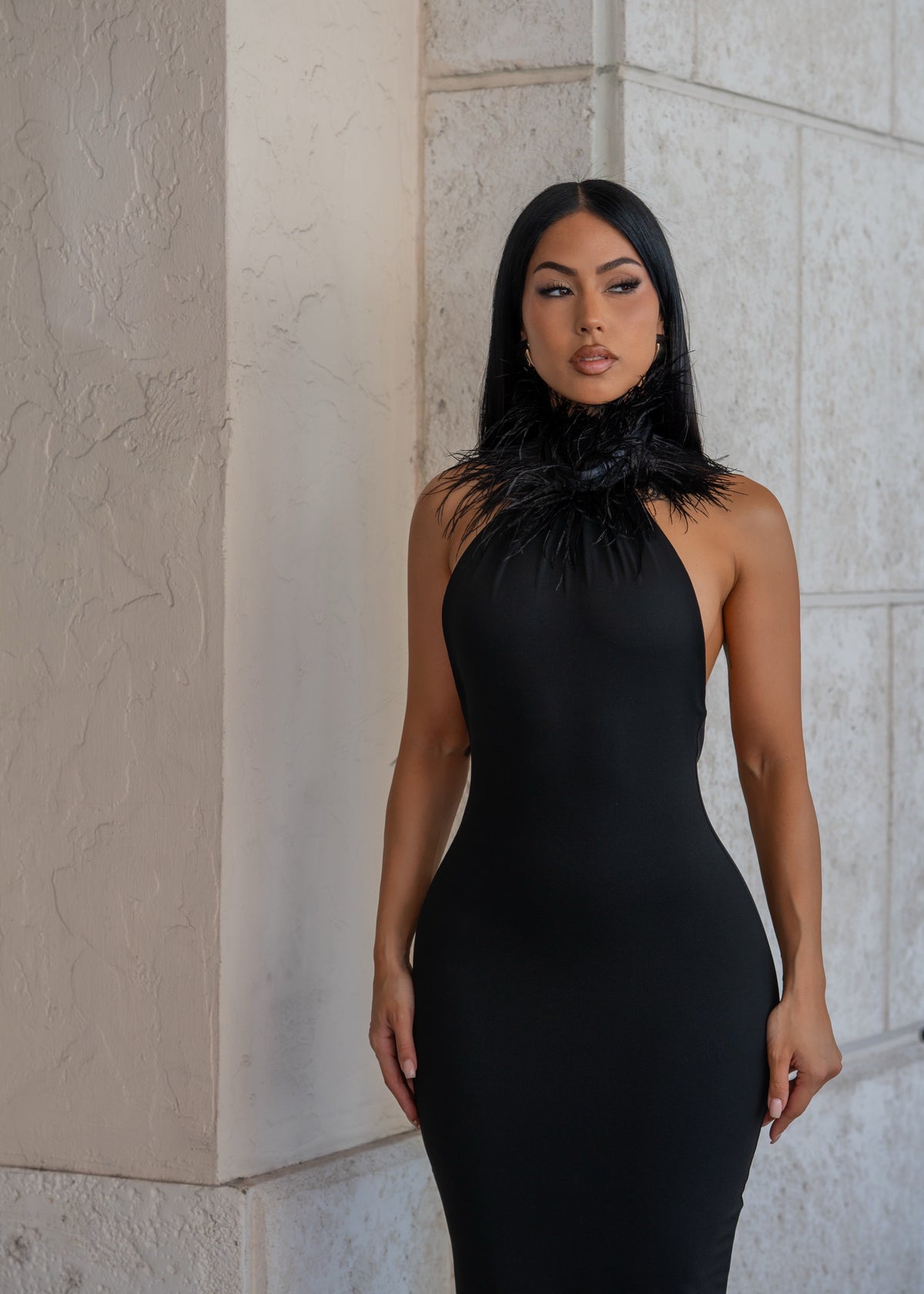 Private Desire Feather Trim Midi Dress Black