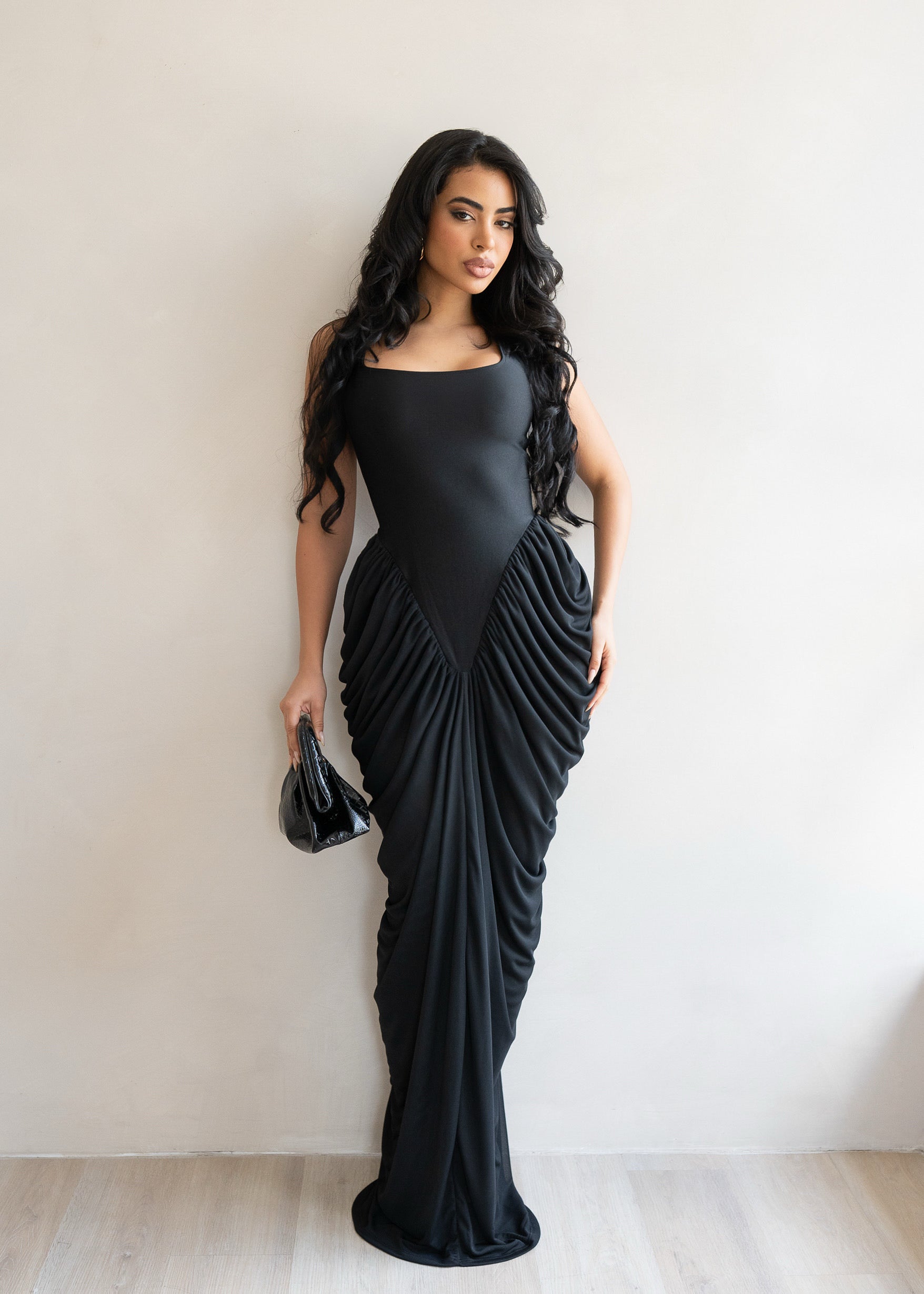 Code of Obsession Ruched Mesh Maxi Dress Black