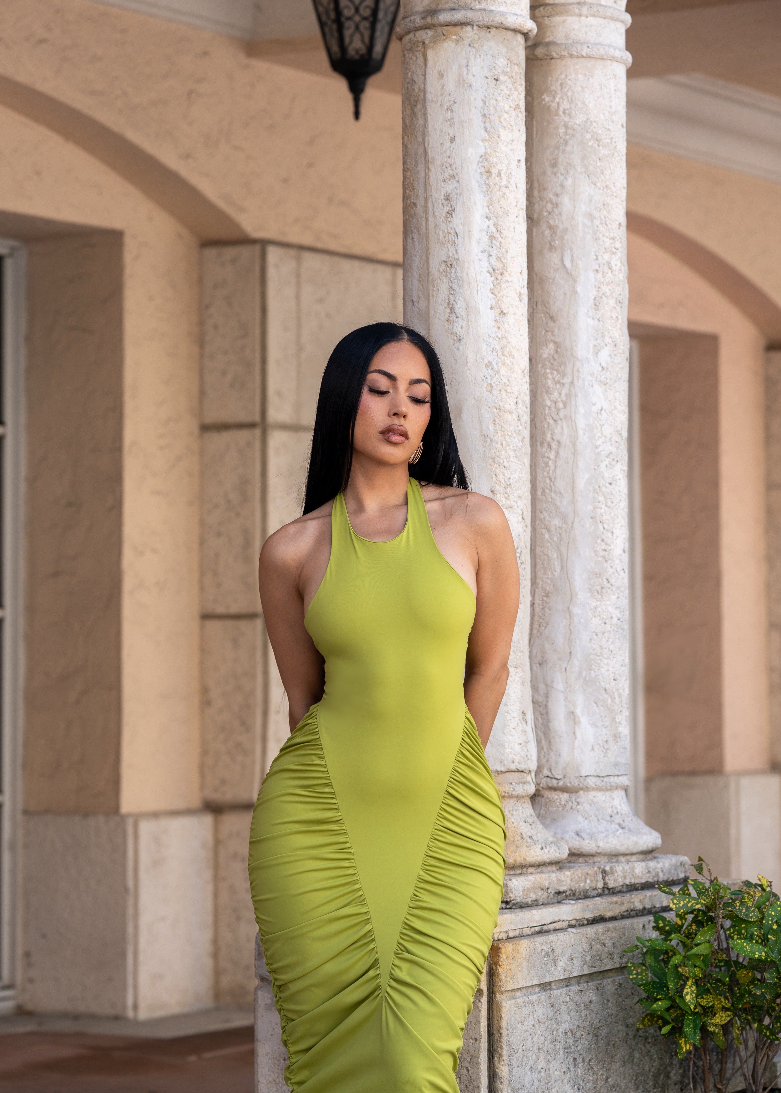 Pure Dominion Ruched Maxi Dress Green