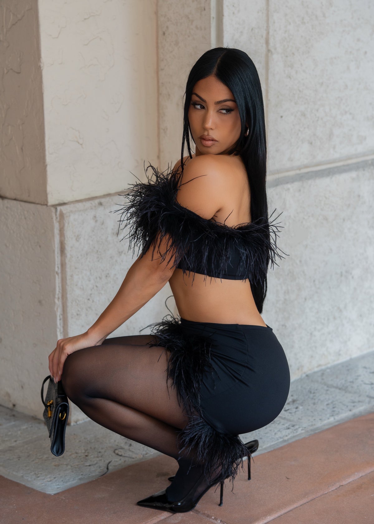 After Hours Feather Skirt Set Black