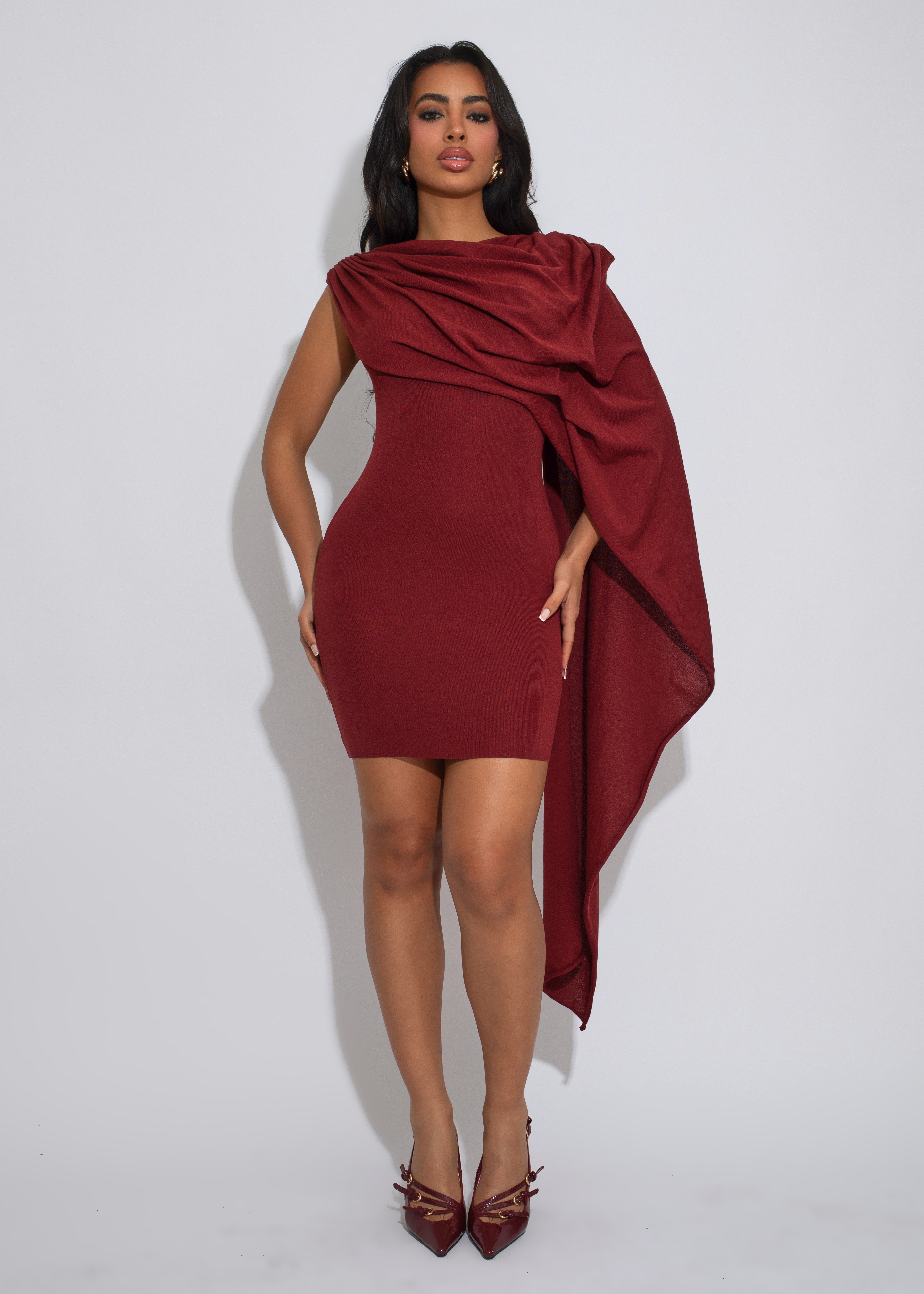 Fragmented Flow Ruched Ribbed Mini Dress Red