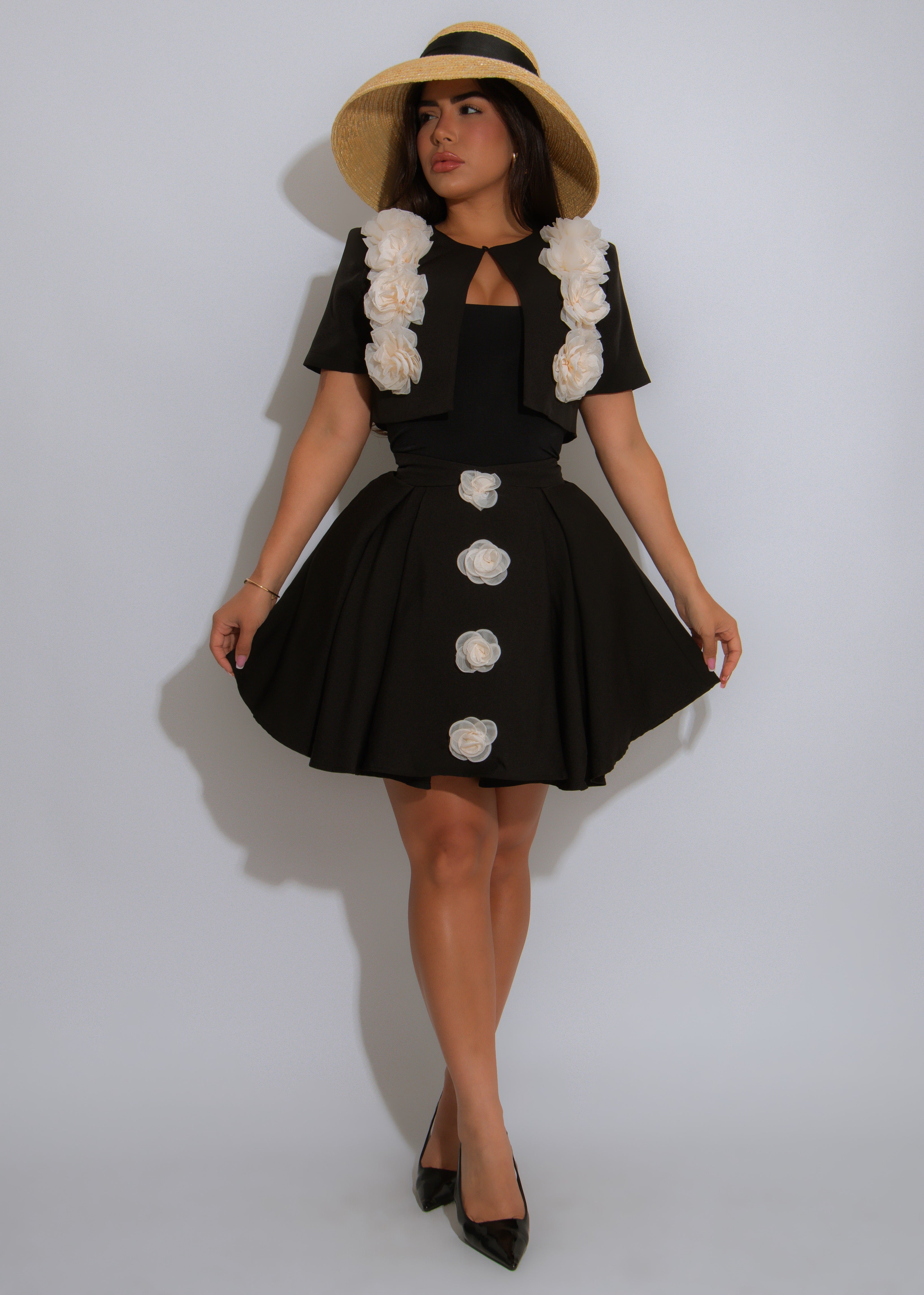 Rosette Reign Floral Skirt Set Black