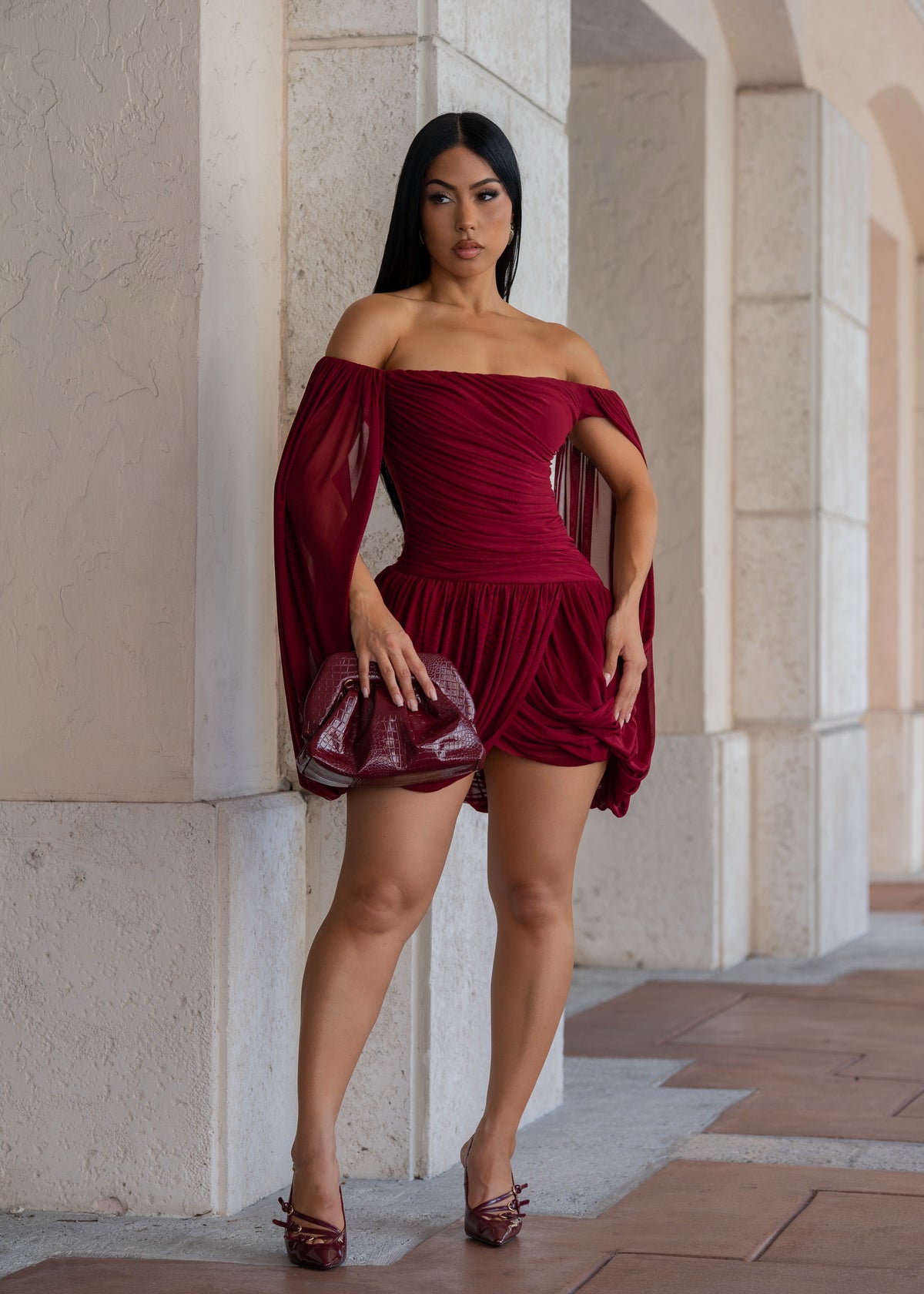 All Eyes On Her Draped Mesh Ruched Mini Dress Red