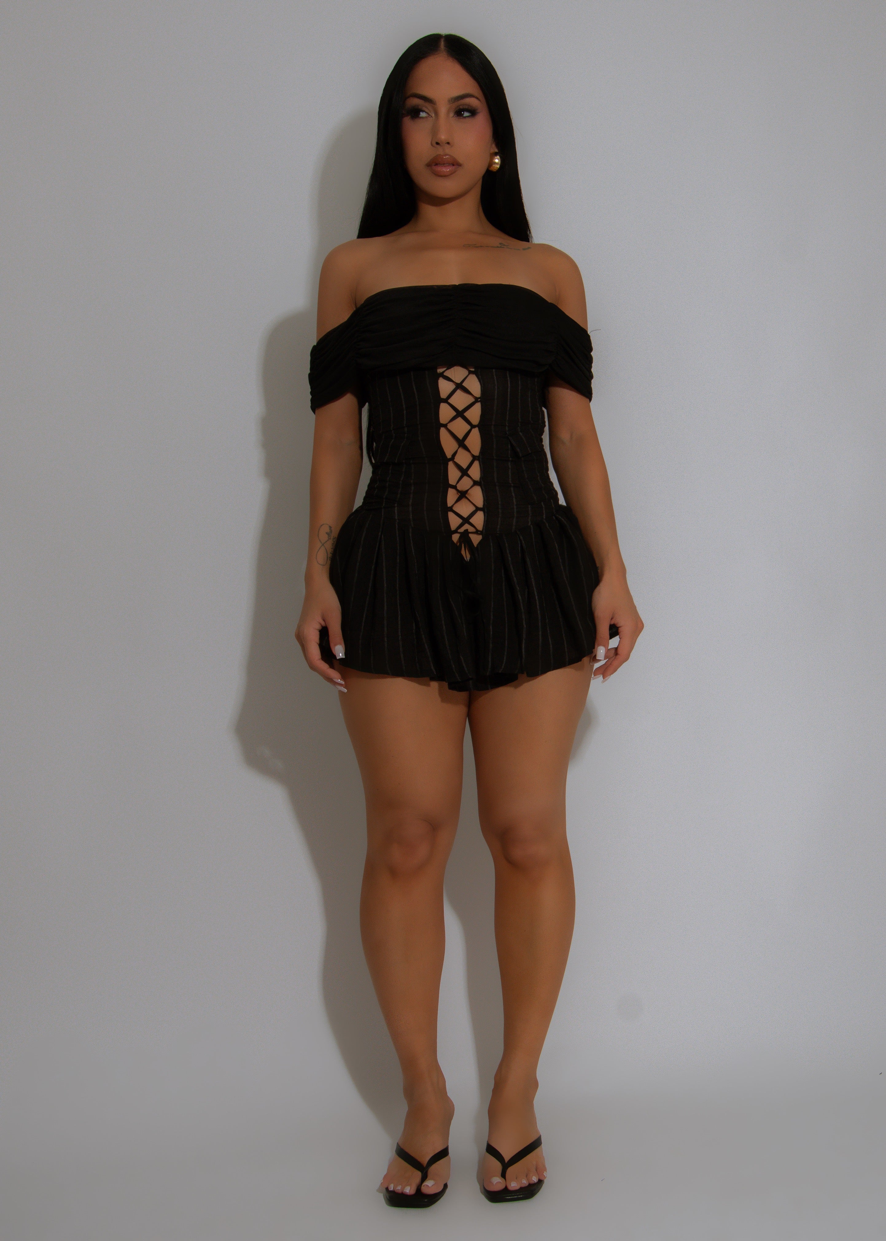 After Hours Mesh Stripes Ruched Romper Black