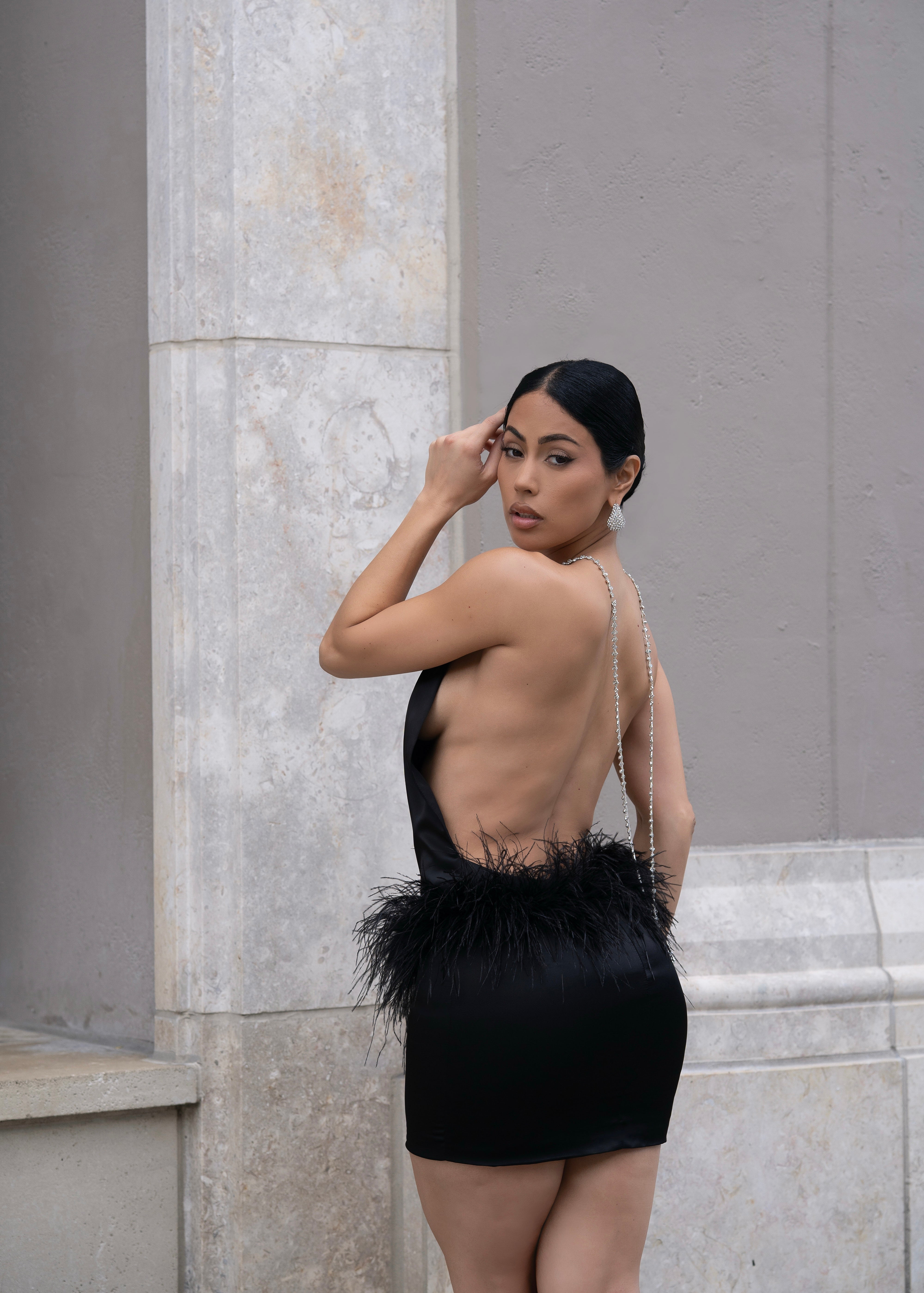 Moonlit Reverie Satin Rhinestone Mini Dress Black