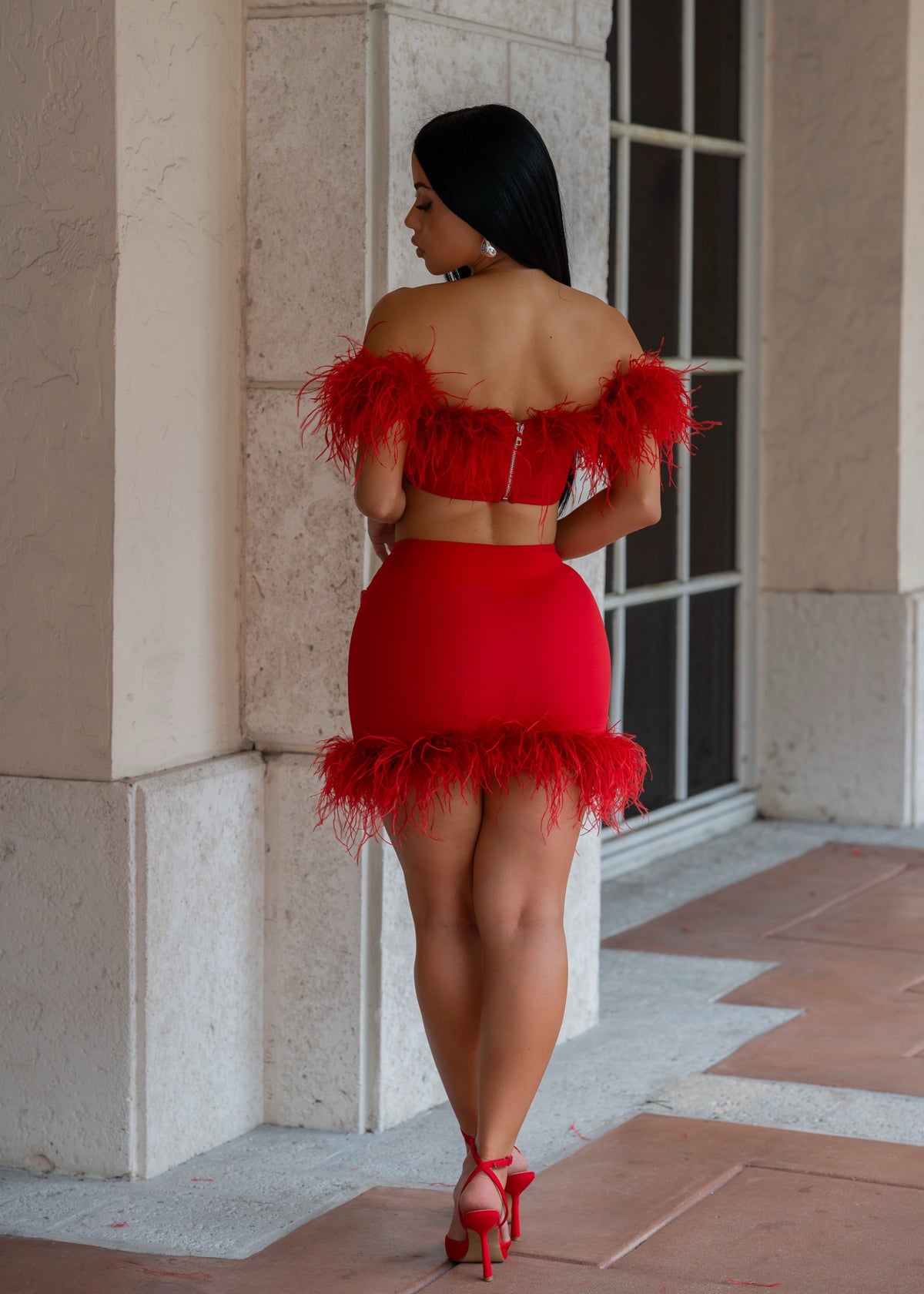 After Hours Feather Skirt Set Red