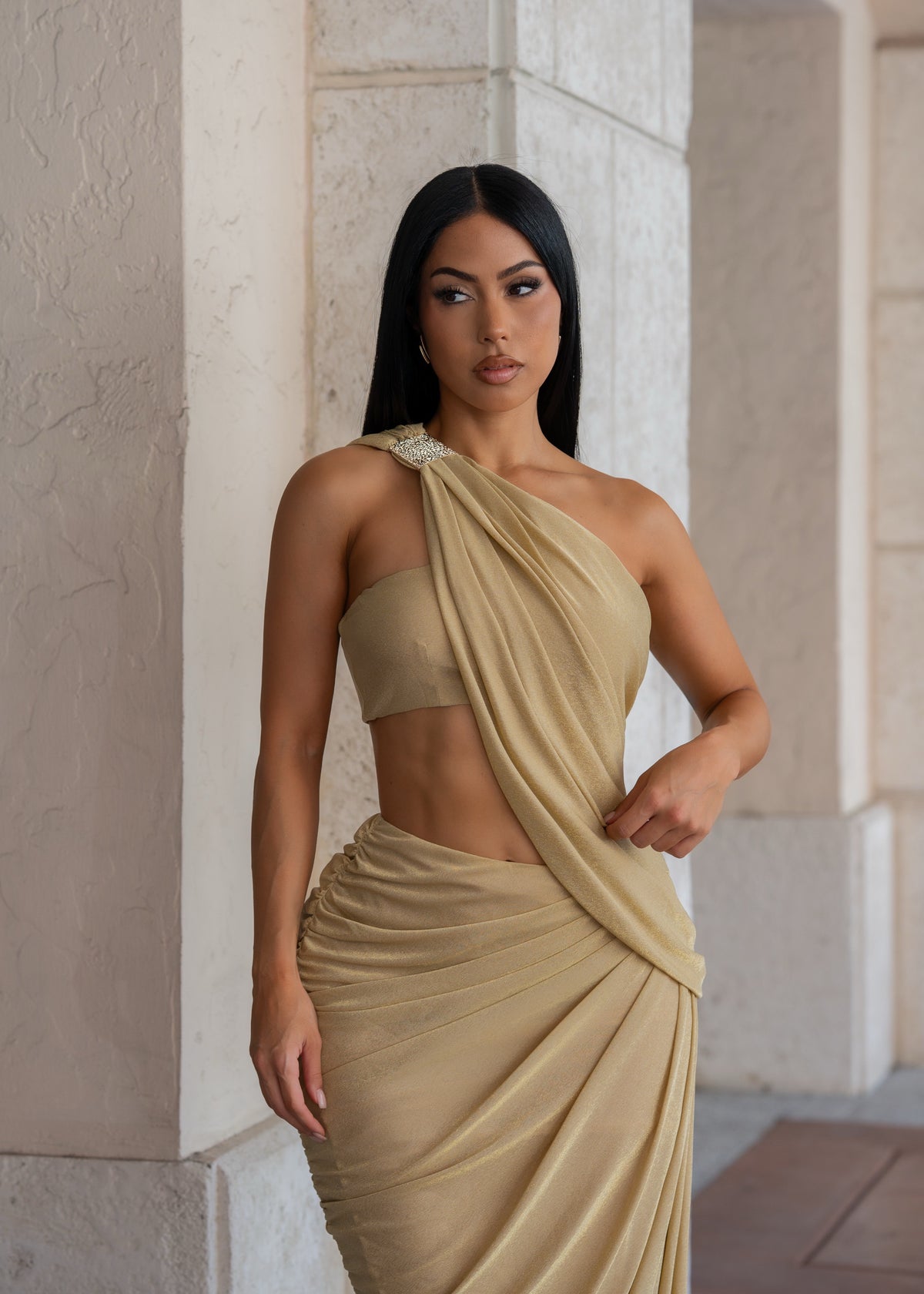 Gilded Hour Draped Ruched Maxi Dress Gold