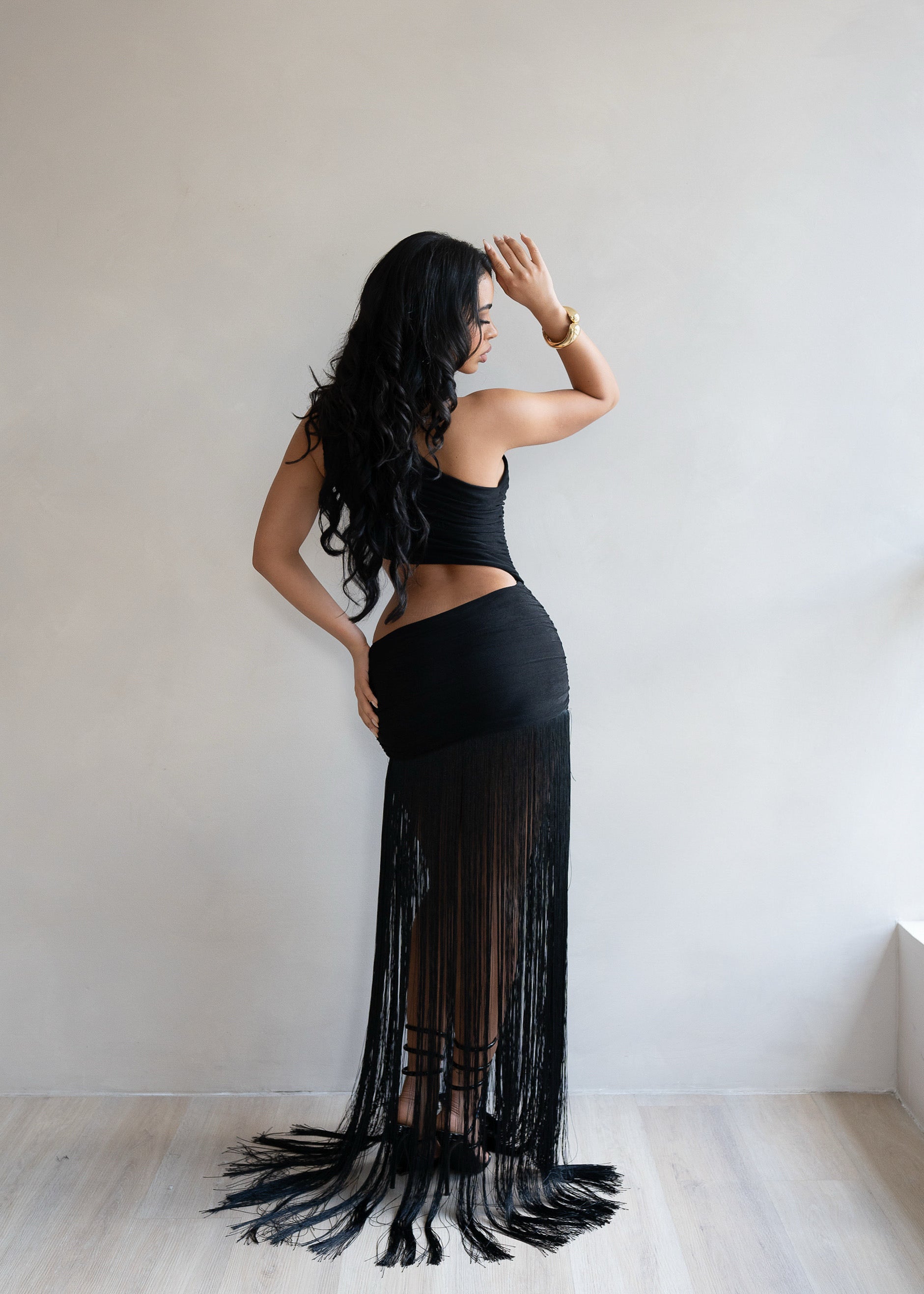 Sensuelle Command Fringes Ruched Maxi Dress Black