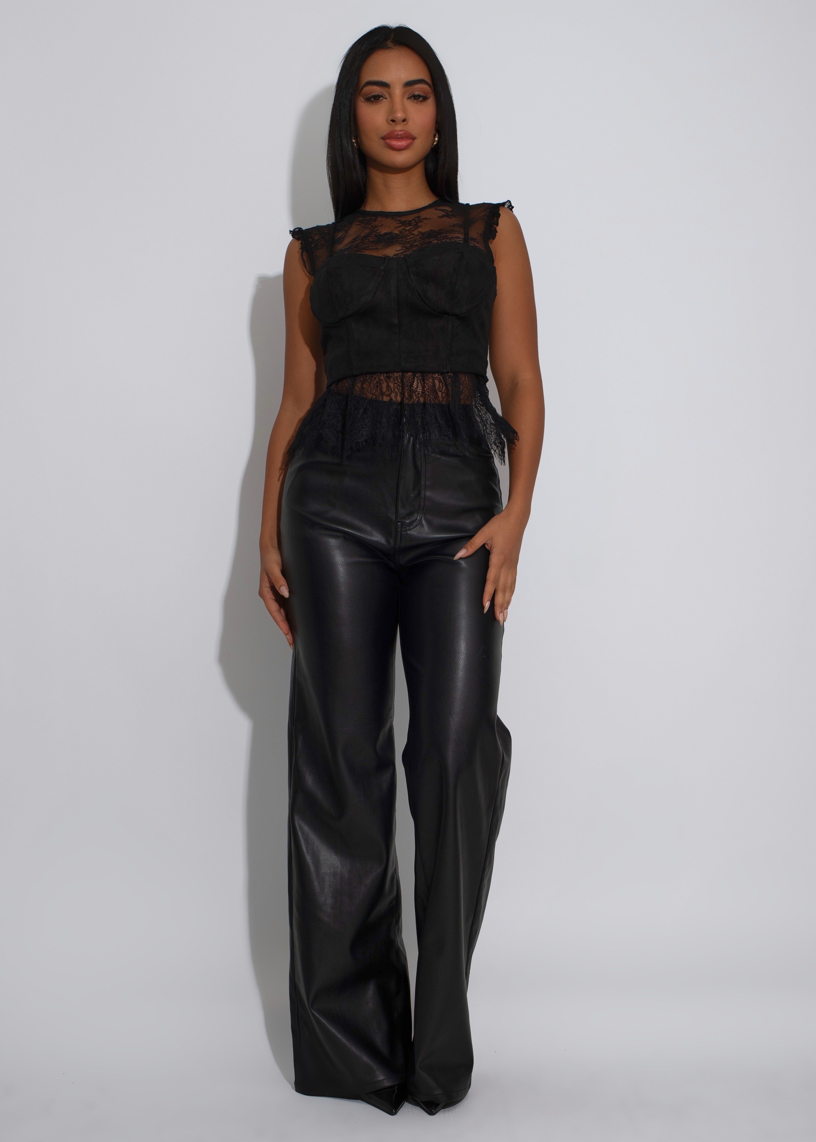 Moonshadow Floral Lace Long Top Black