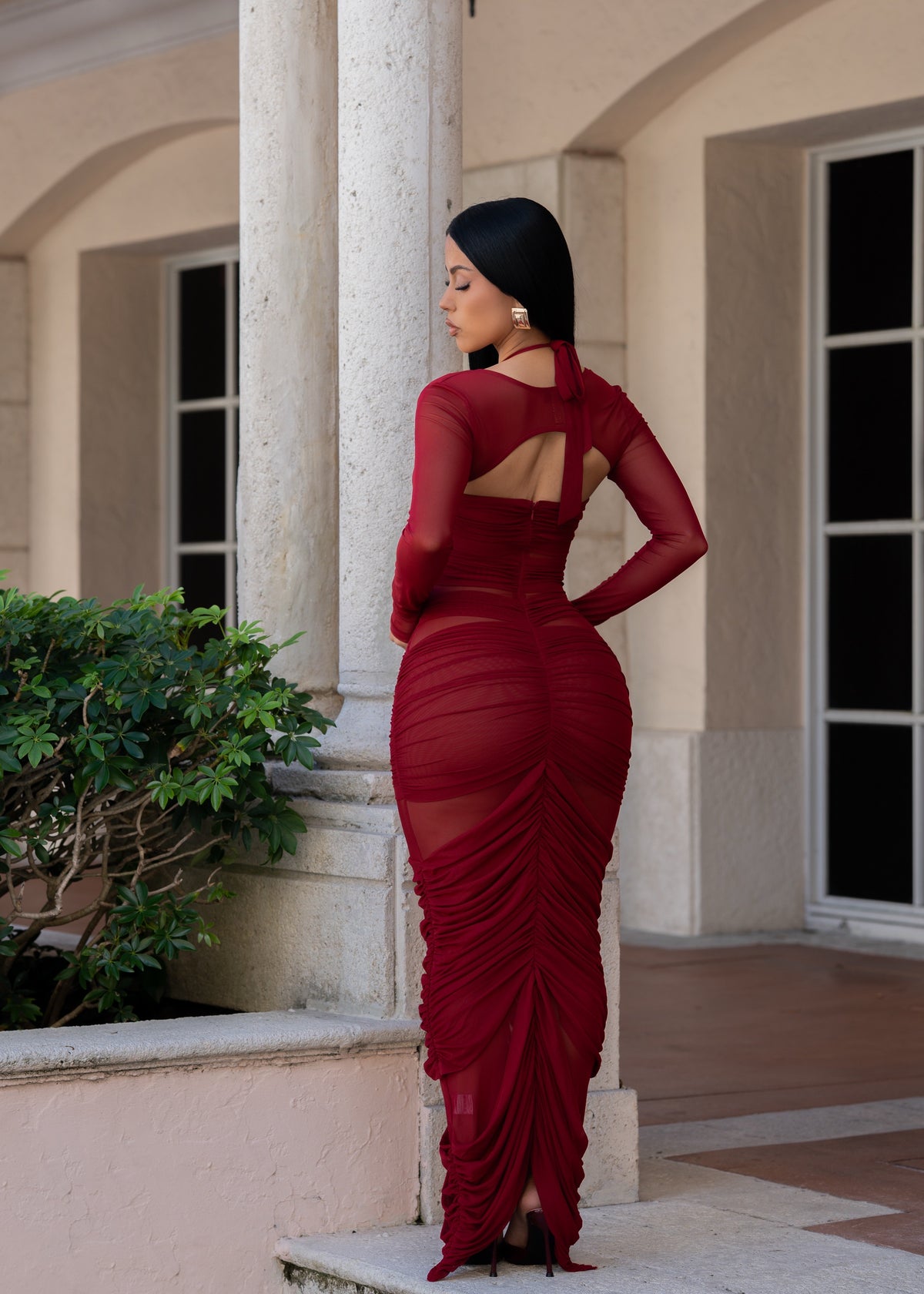 No Reservations Ruched Mesh Maxi Dress Red