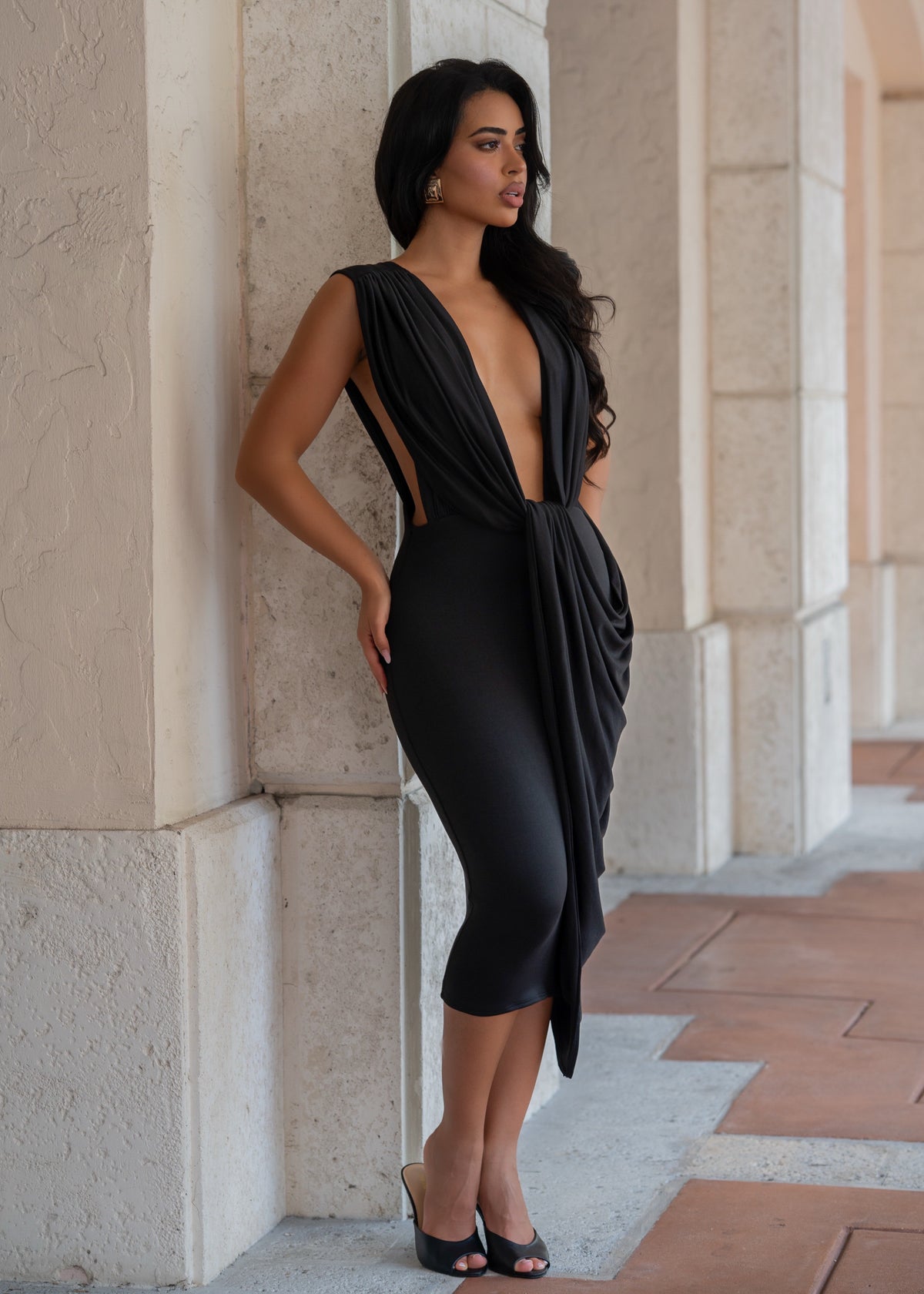 Undone Desire Ruched Midi Dress Black
